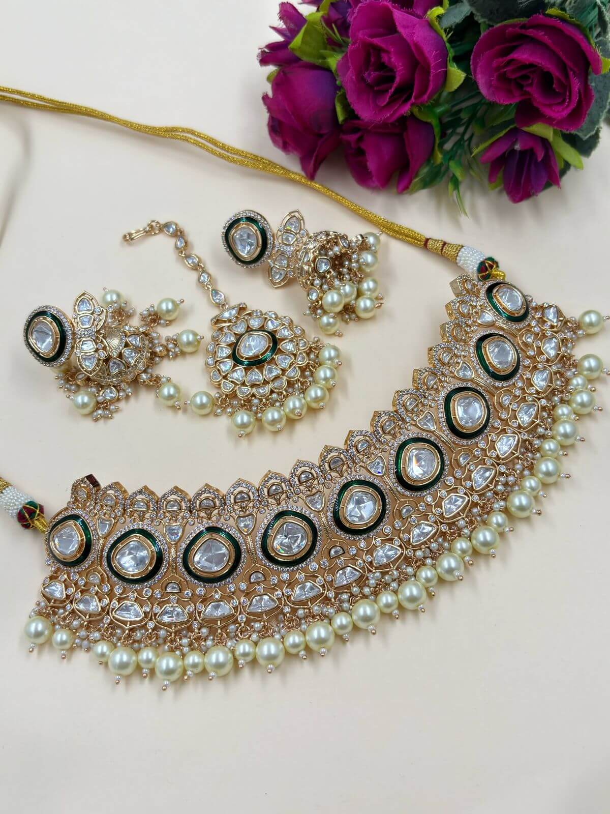  Designer Bridal Polki Choker Necklace Set With Tikka | Green Choker Jewellery
