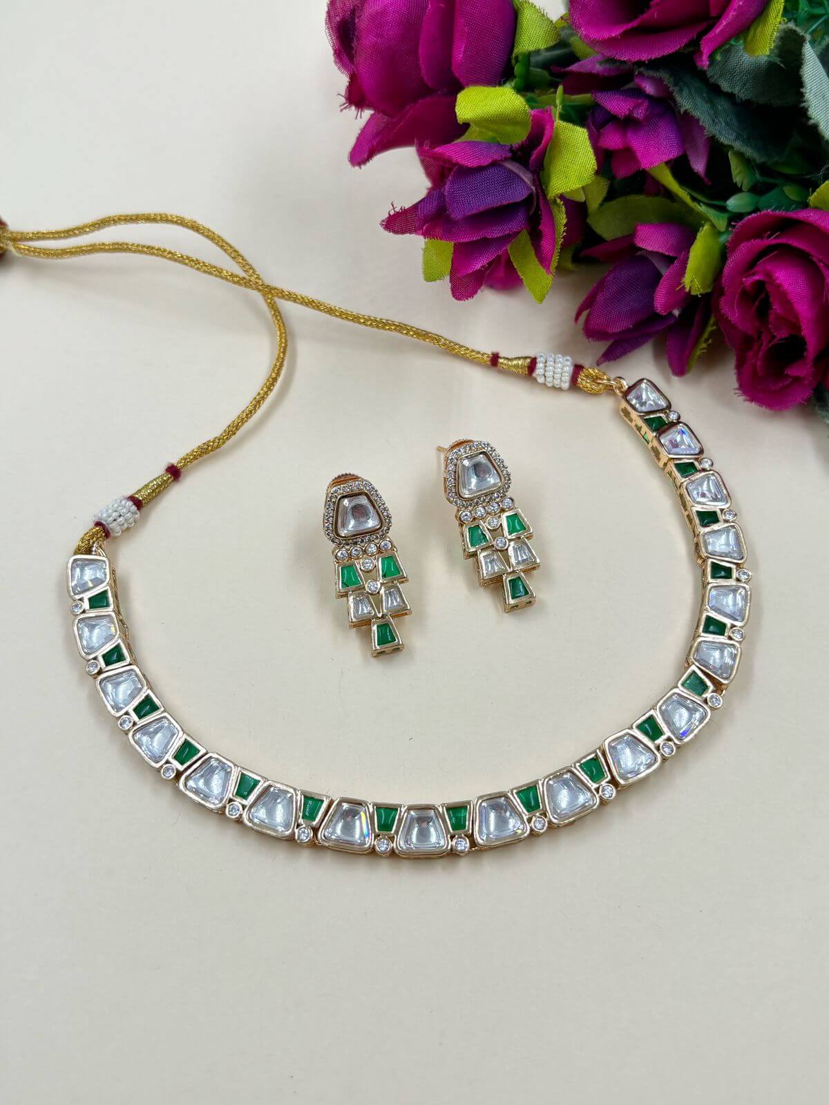 Shubhi Single Line Uncut Green Polki Necklce Set By Gehna Shop