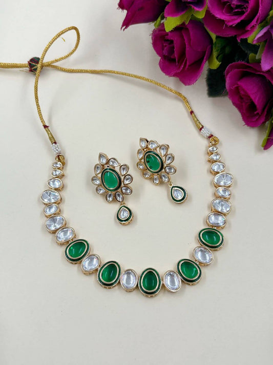 Designer Single Line Green Short Polki Necklace Set For Women