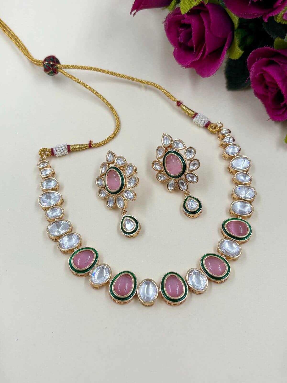 Designer Single Line Short Pink Polki Necklace Set For Women