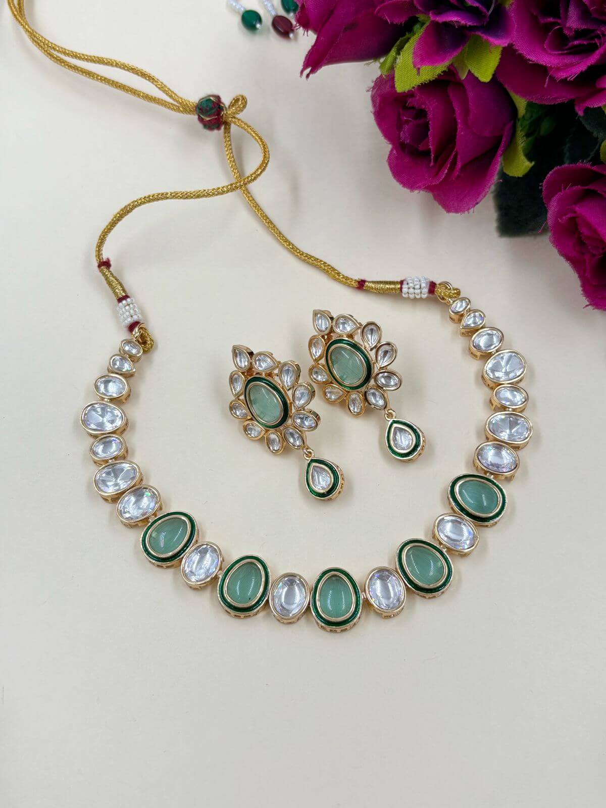 Designer Single Line Short Mint Green Polki Necklace Set For Women