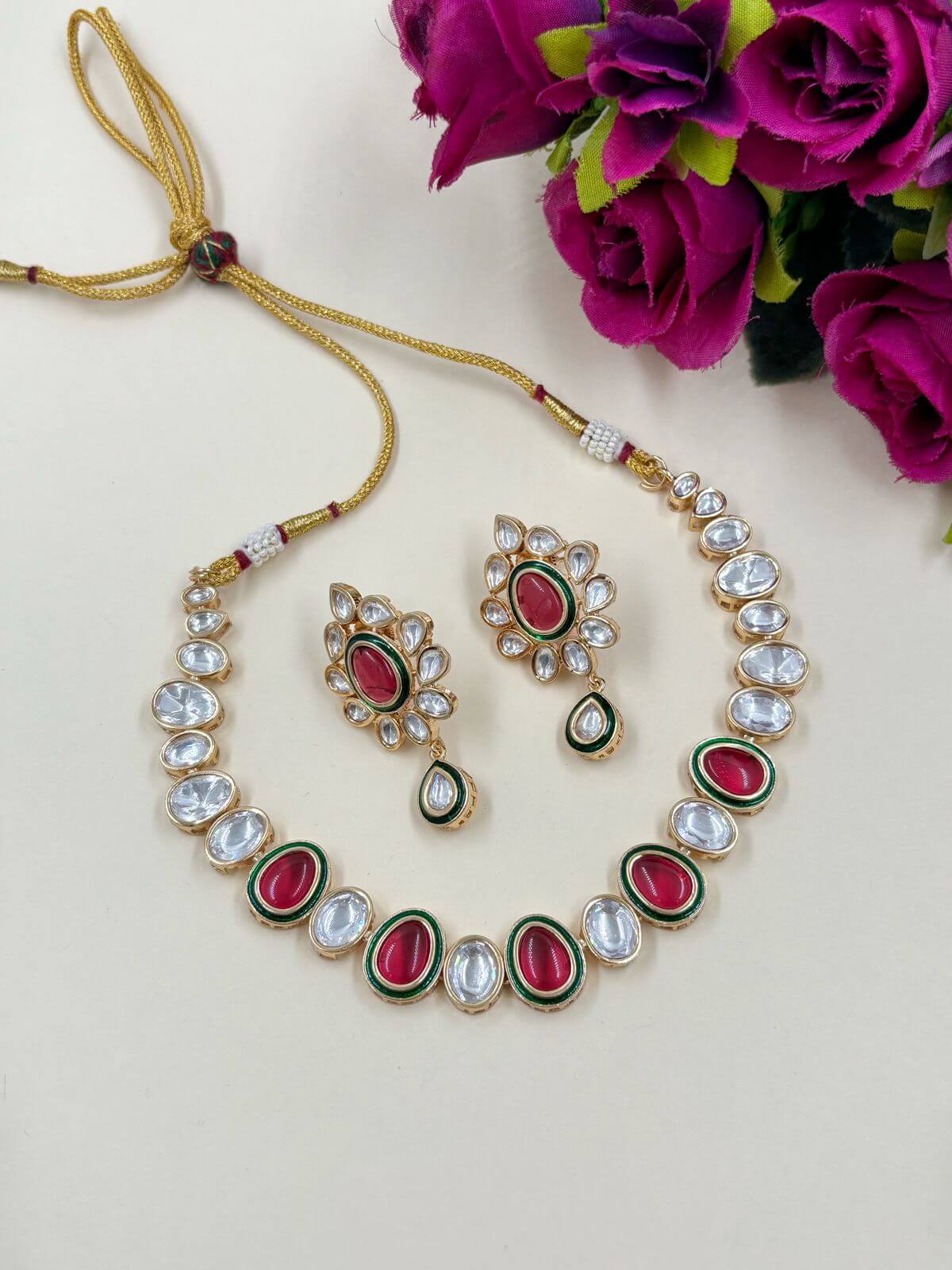 Designer Single Line Short Red Polki Necklace Set For Women