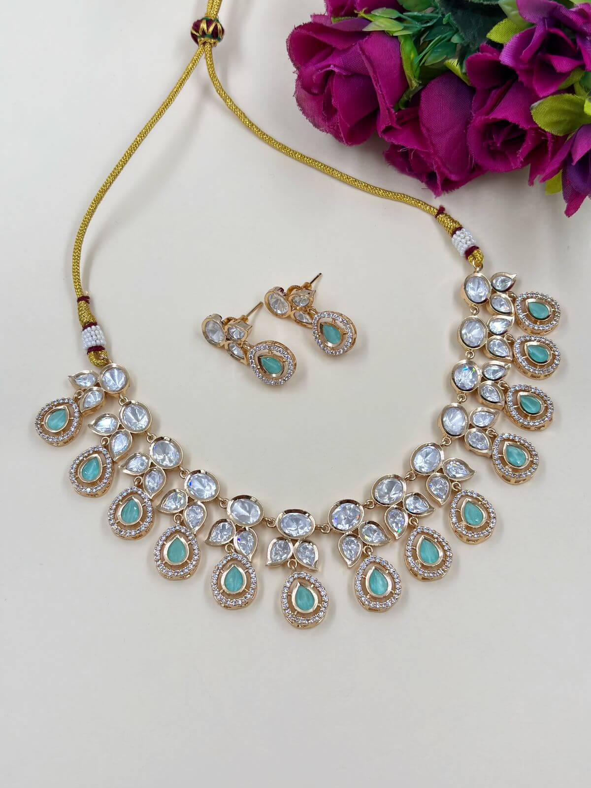 Beautiful Mint Green Kundan Polki Necklace Set | Designer Polki Jewellery