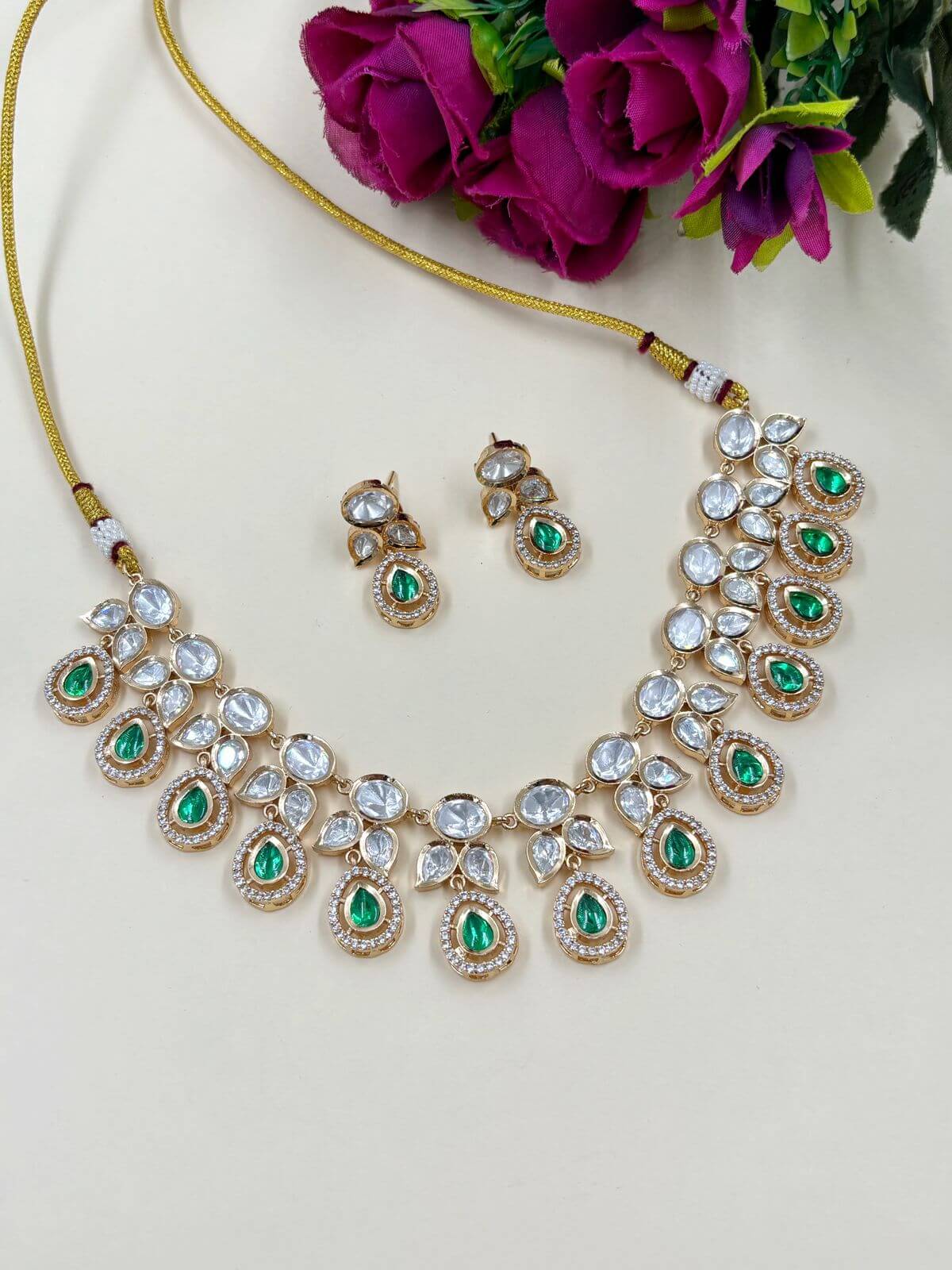 Beautiful Green Kundan Polki Necklace Set | Designer Polki Jewellery