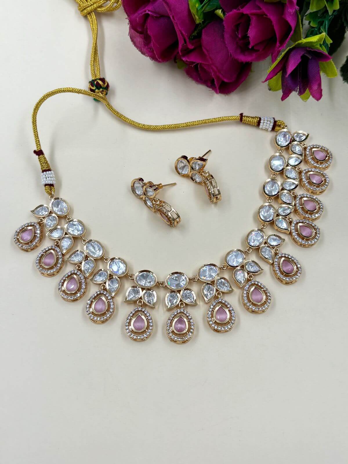 Beautiful Pink Kundan Polki Necklace Set | Designer Polki Jewellery