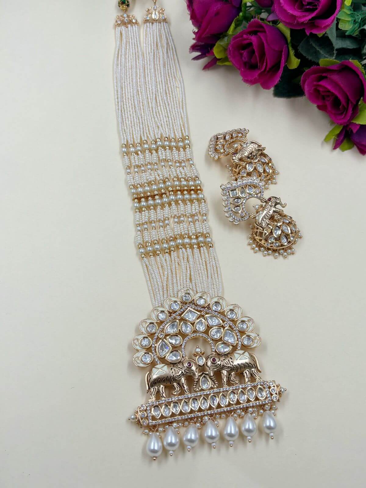 Artificial Long Polki Studded Elephant Design Pink Temple Necklace Set with bunch of  pearls 