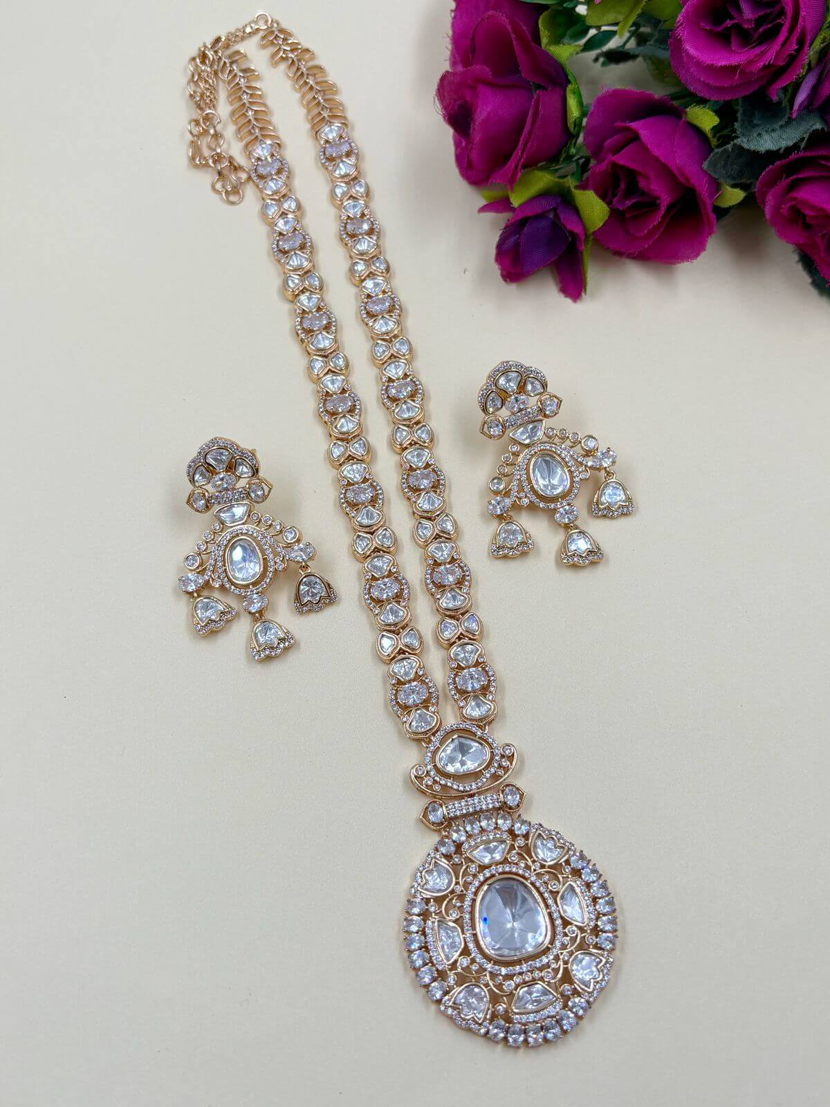 Designer Long Polki Necklace Set | Wedding Jewellery