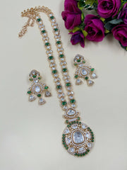 Designer Long Green Polki Necklace Set | Wedding Jewellery