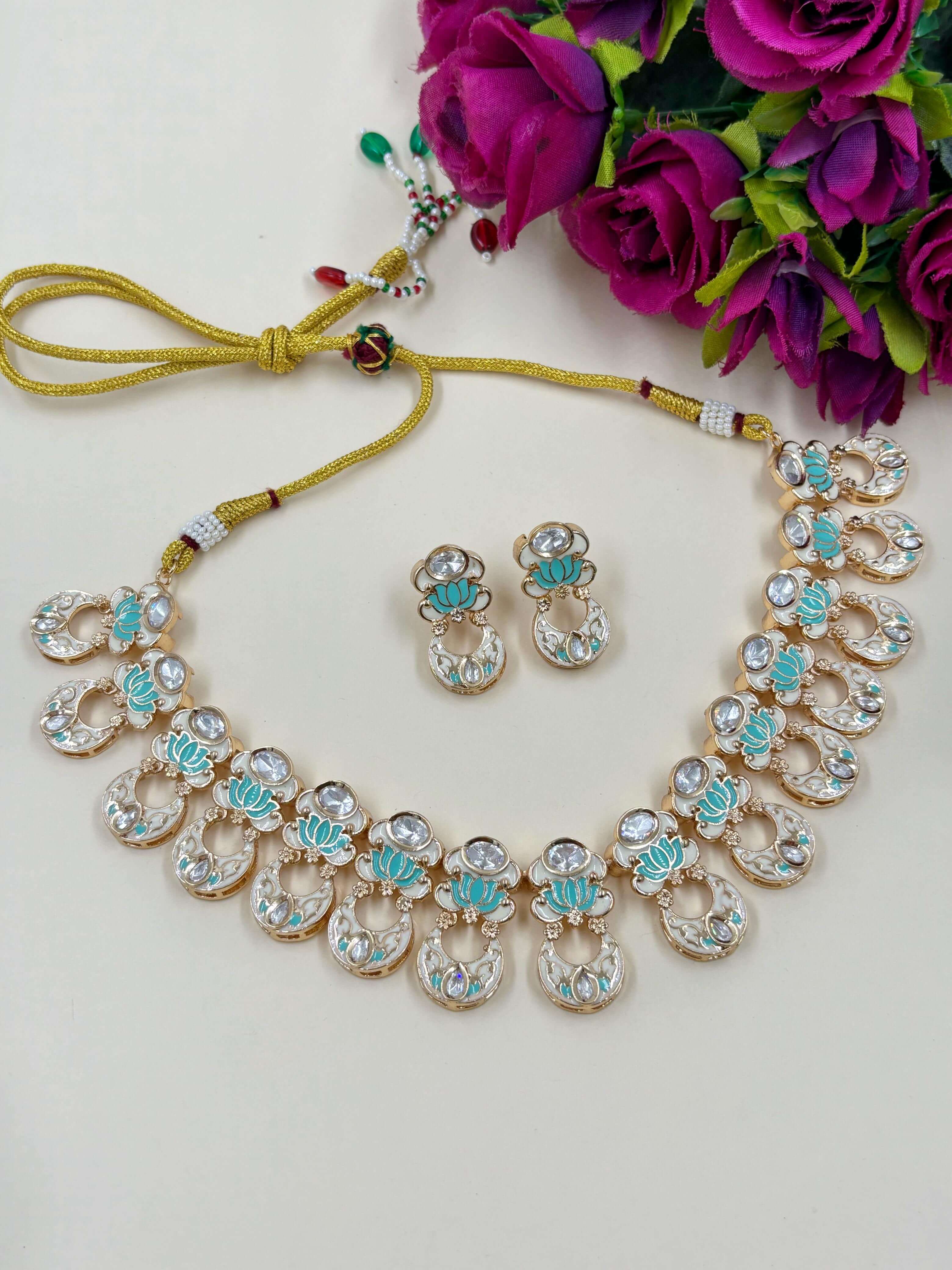 Prajakta Lotus Design Polki Necklace Set With blue Meenakari