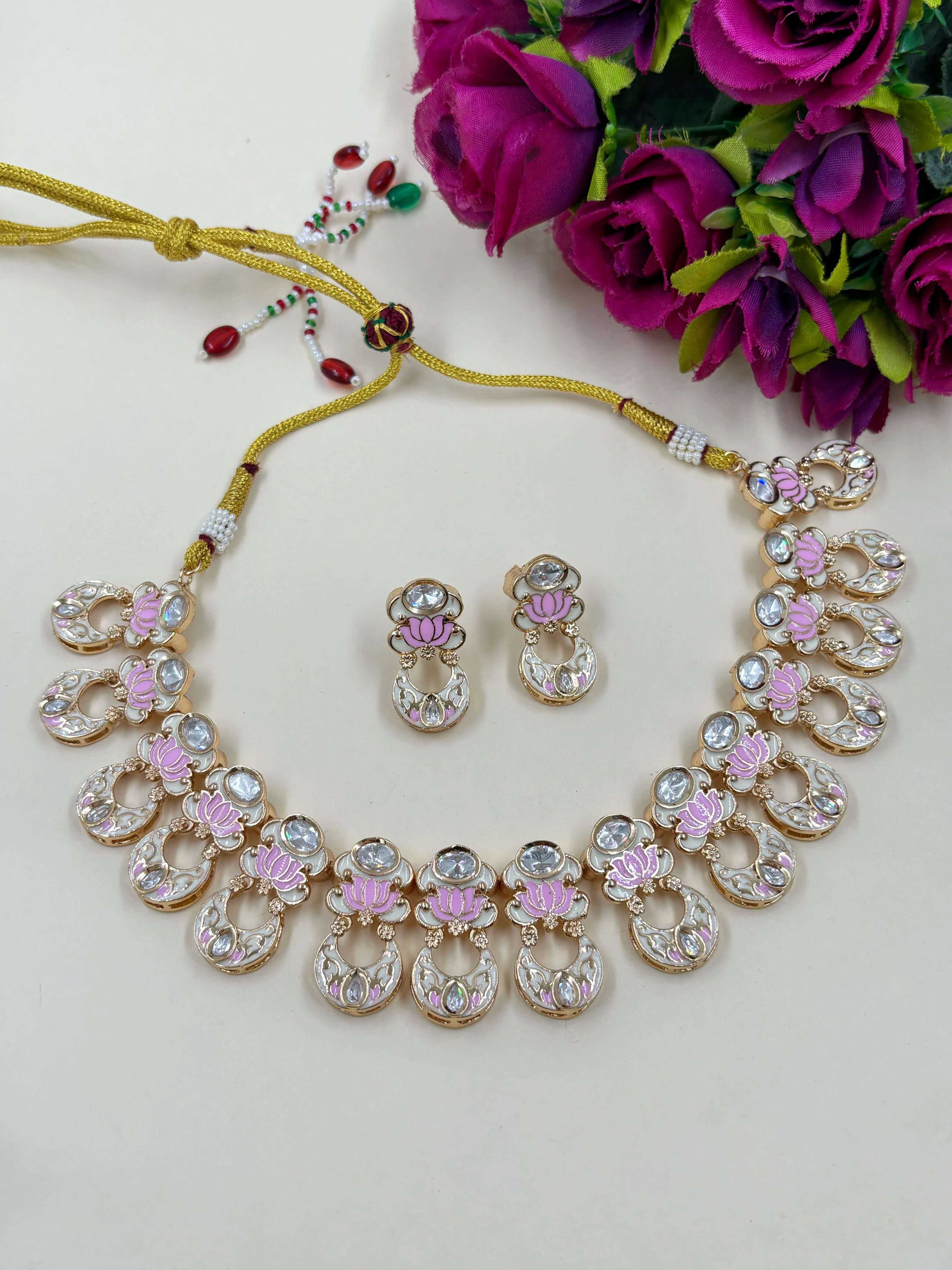 Prajakta Lotus Design Polki Necklace Set With pink Meenakari