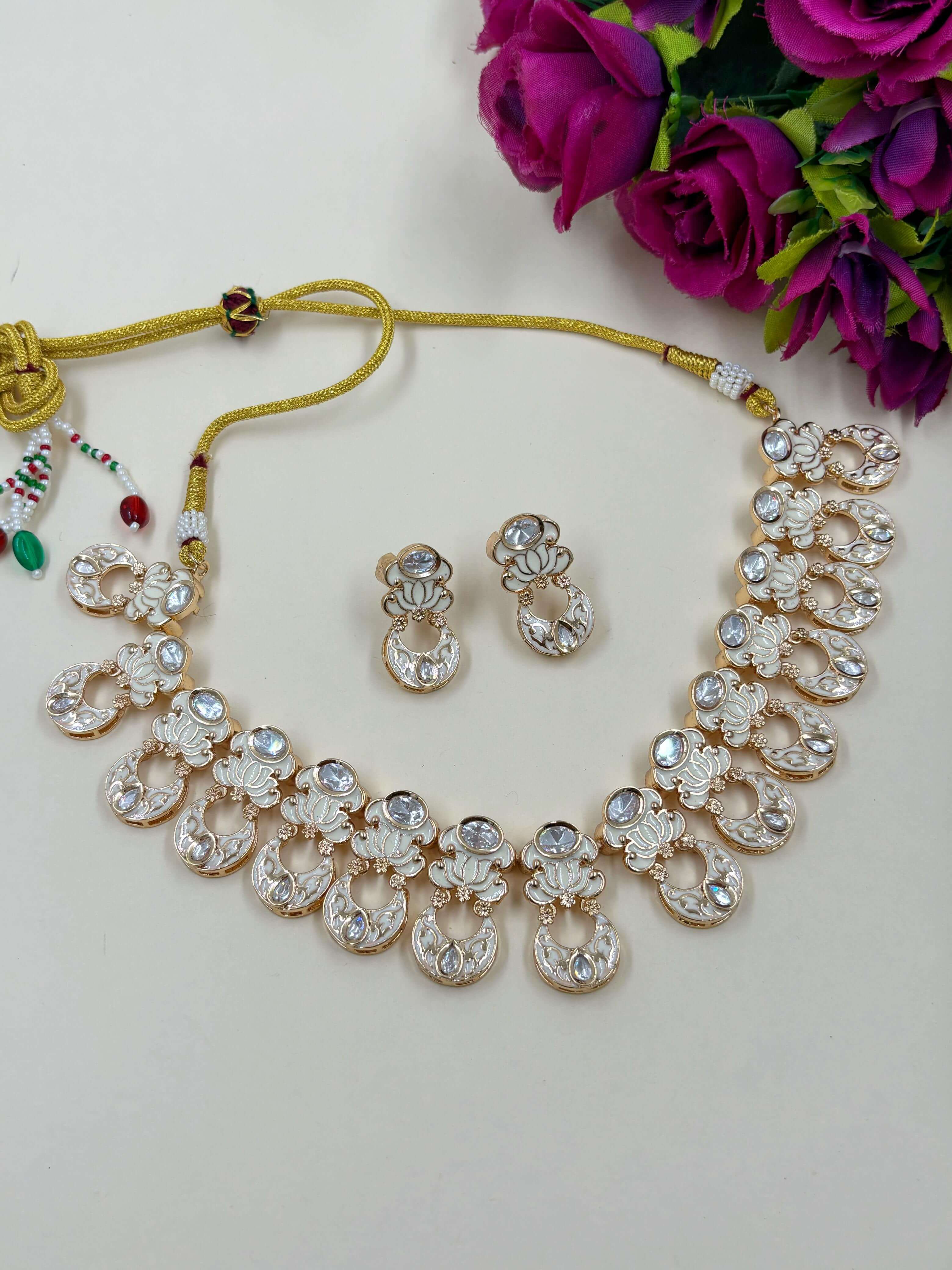 Prajakta Lotus Design Polki Necklace Set With white Meenakari