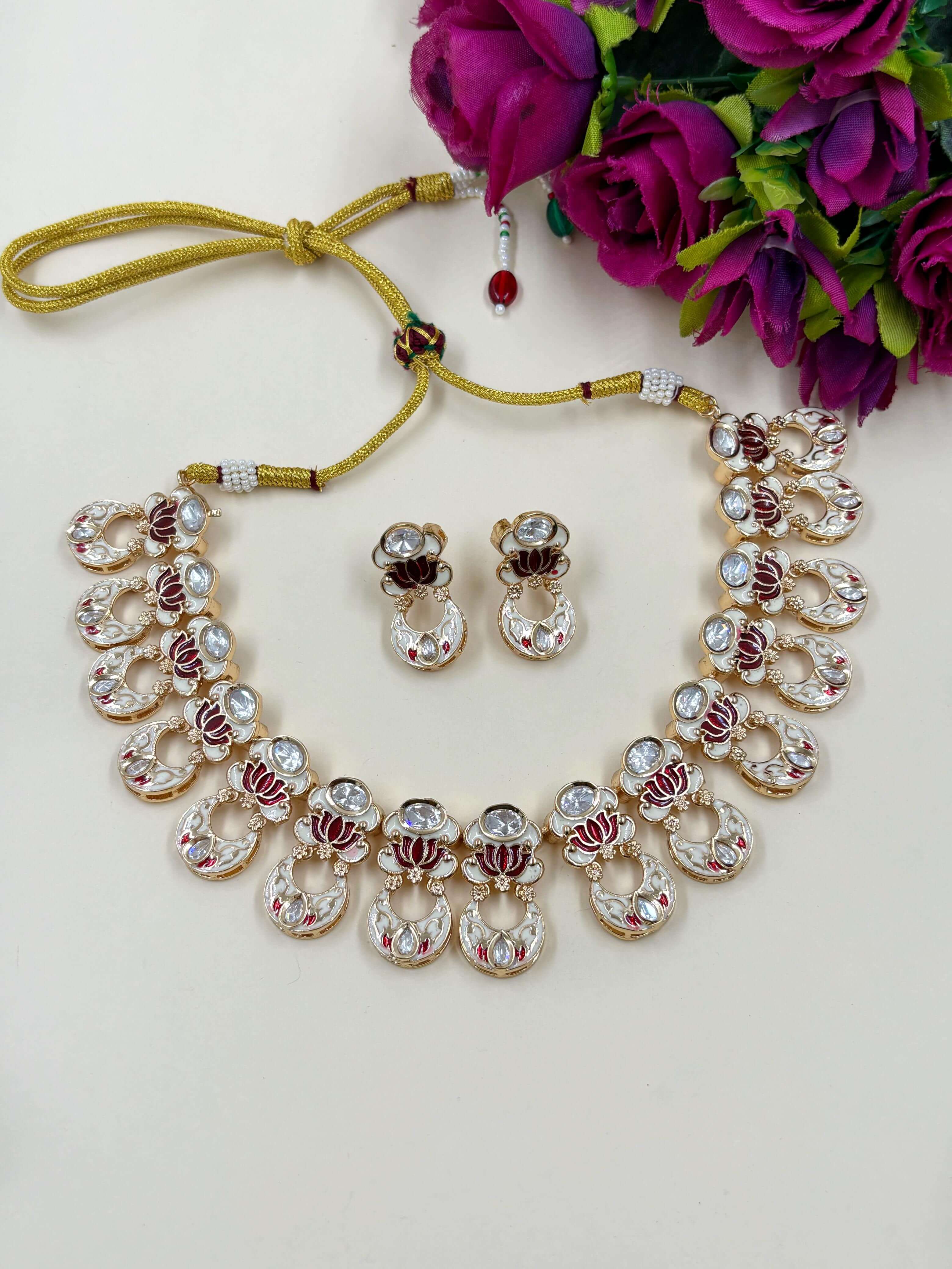 Prajakta Lotus Design Polki Necklace Set With maroon Meenakari