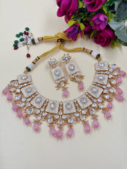 Poorva Designer Pink Wedding Polki Jewellery Necklace Set With Meenakari
