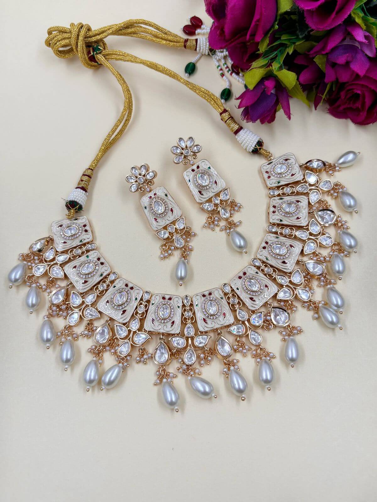 Poorva Designer Wedding Polki Jewellery Necklace Set With Meenakari