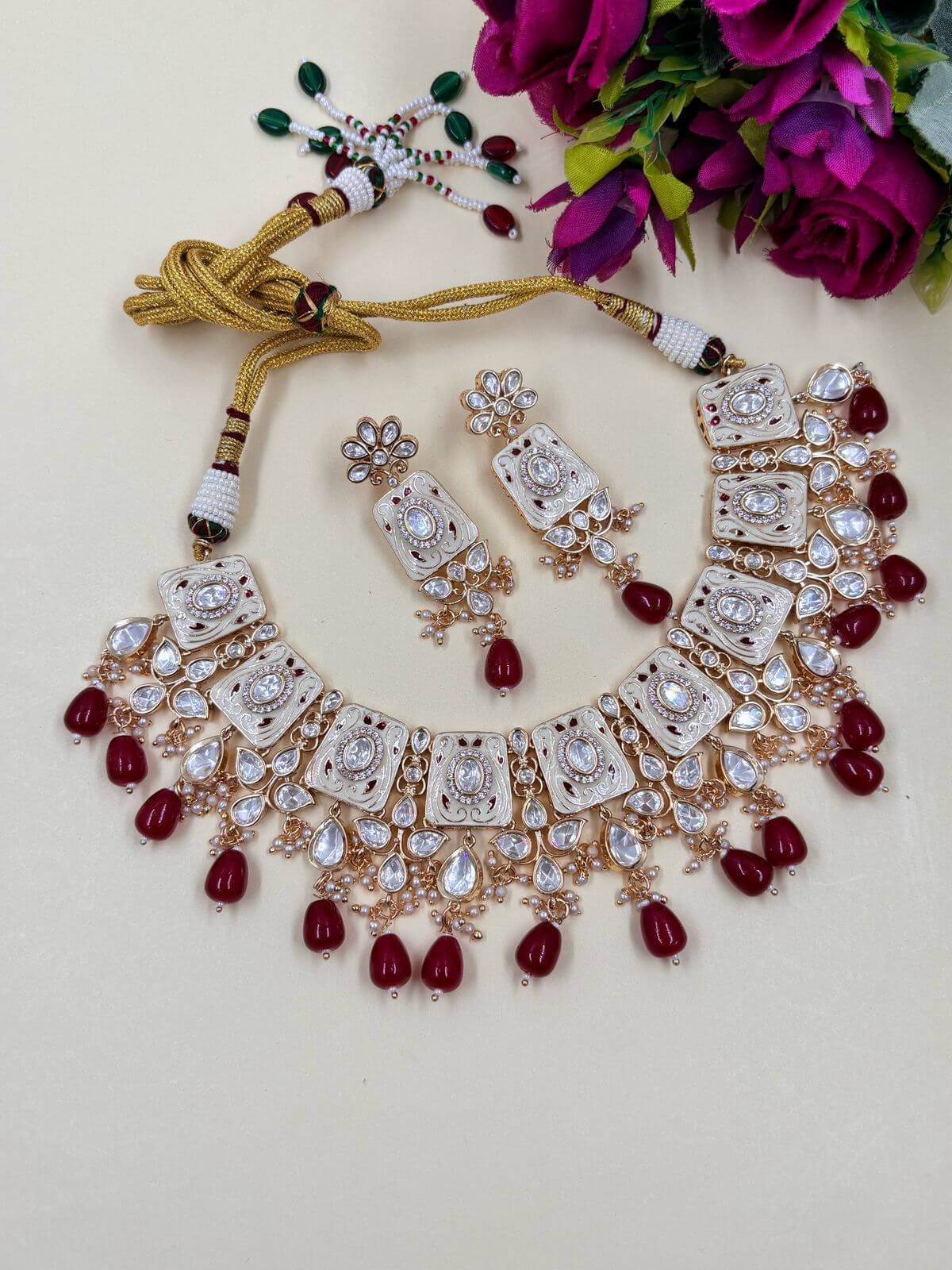 Poorva Designer Maroon Wedding Polki Jewellery Necklace Set With Meenakari