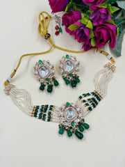 Sheela Designer Green Polki And Pearl Choker Necklce Set | Green Choker Jewellery
