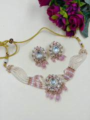 Sheela Designer Polki And Pearl Choker Necklce Set | Baby Pink Choker Jewellery