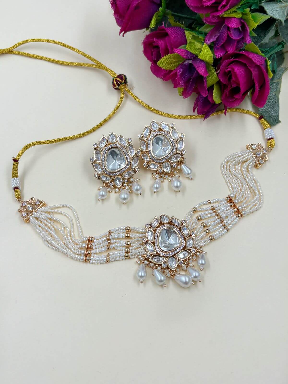 Sheela Designer Polki And Pearl Choker Necklce Set | Pearls Choker Jewellery