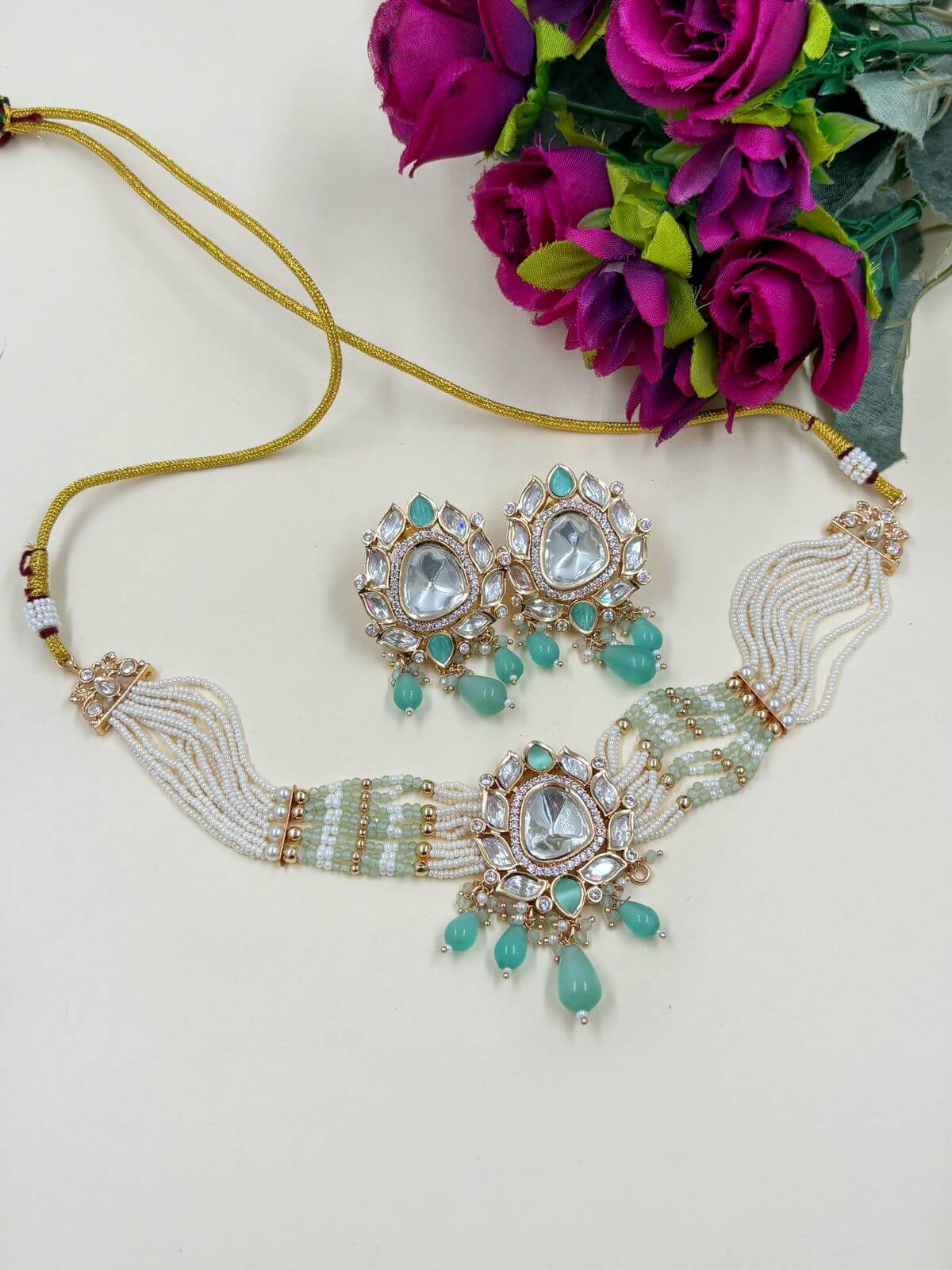 Sheela Designer Polki And Pearl Choker Necklce Set | Mint Choker Jewellery