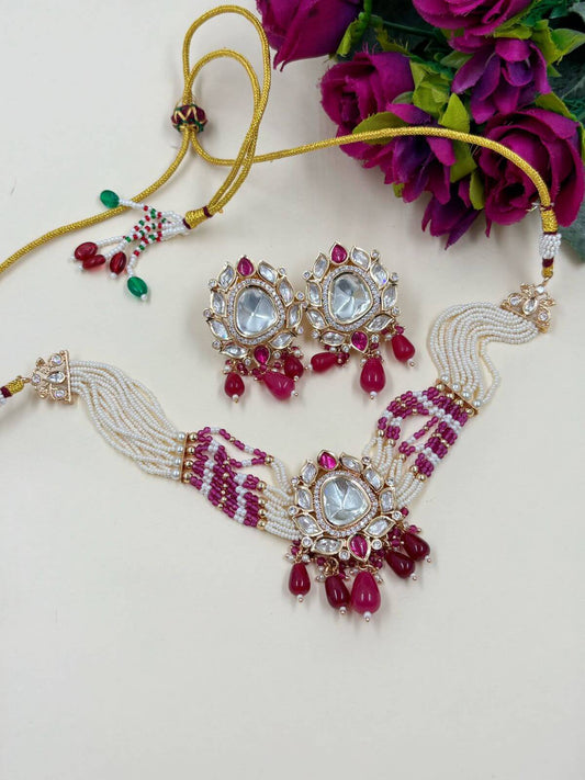 Sheela Designer Polki And Pearl Choker Necklce Set | Pink Choker Jewellery