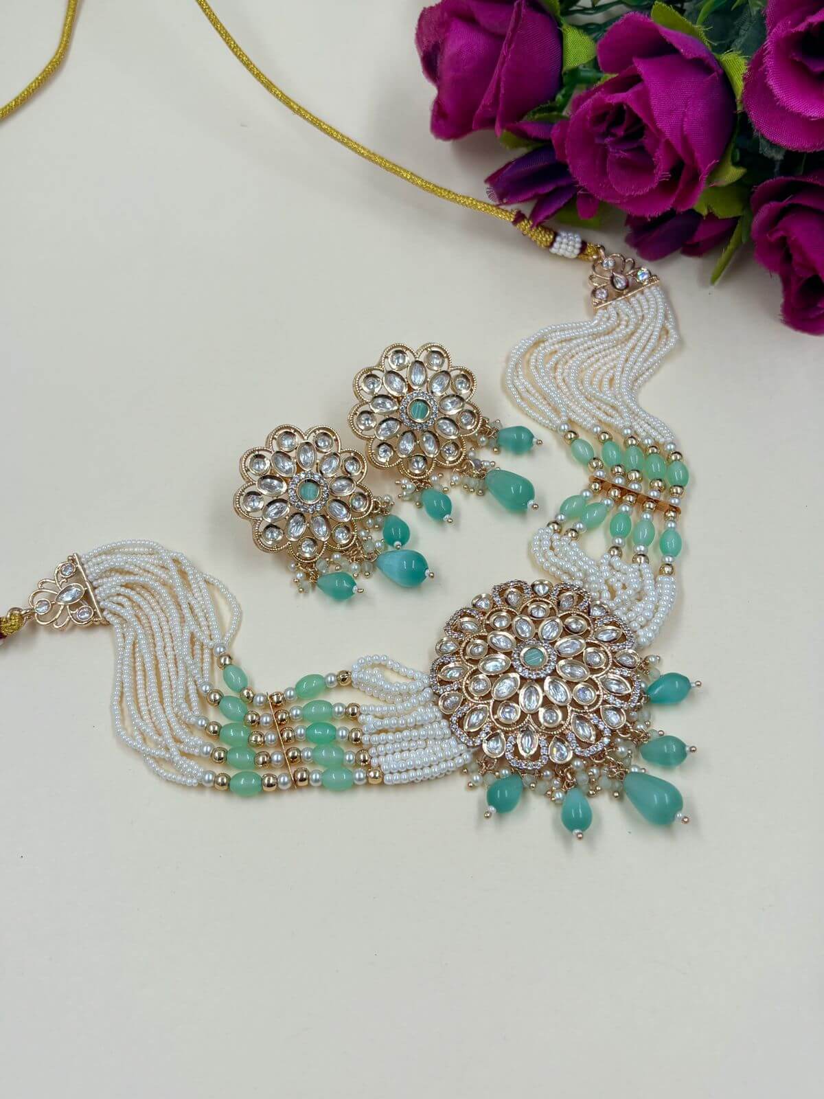 Kanika Designer Polki Mint Green Choker Necklace Set With Pearls