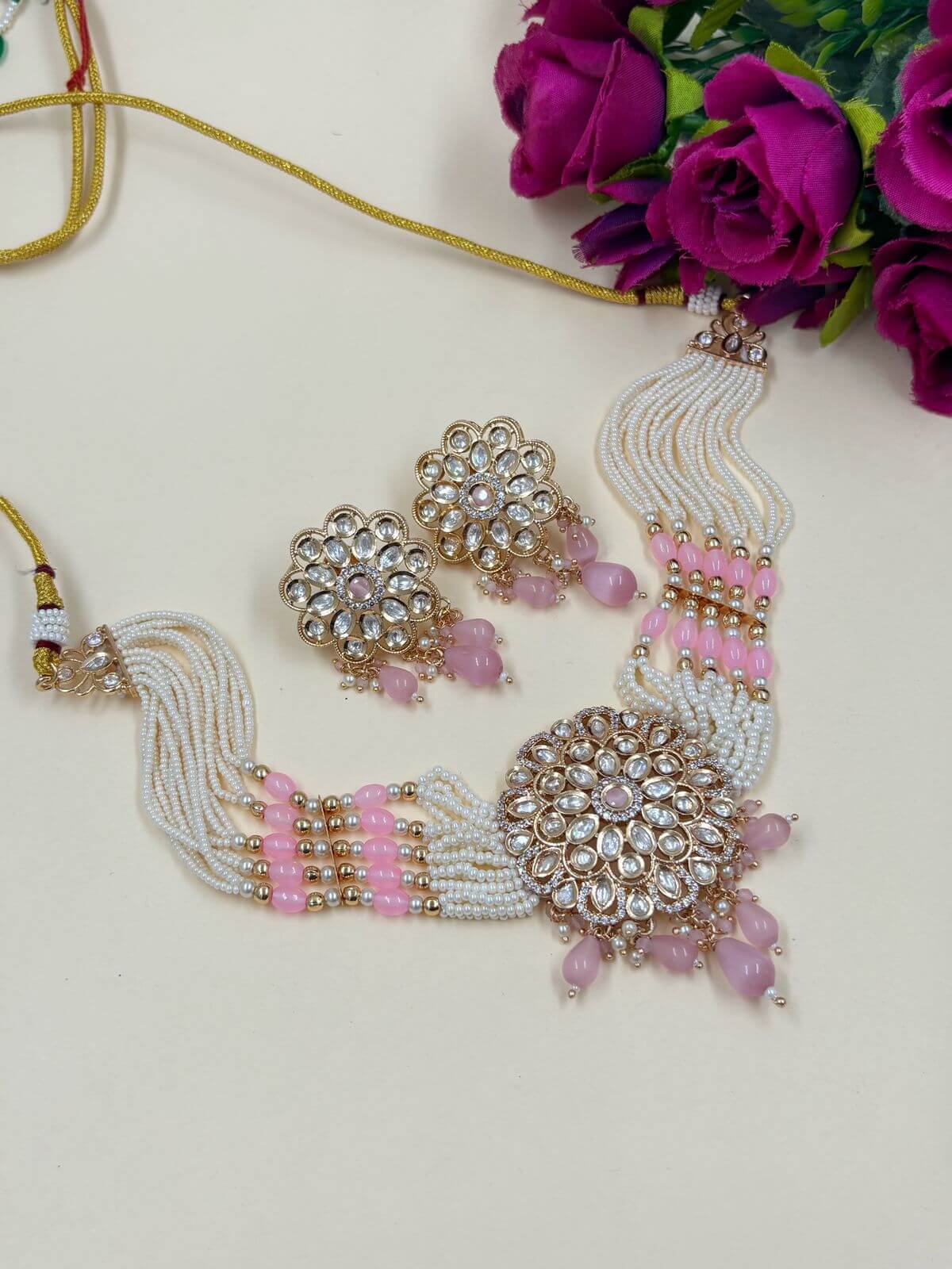 Kanika Designer Polki Baby pink Choker Necklace Set With Pearls