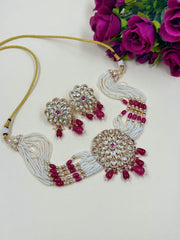 Kanika Designer Pink Polki Choker Necklace Set With Pearls
