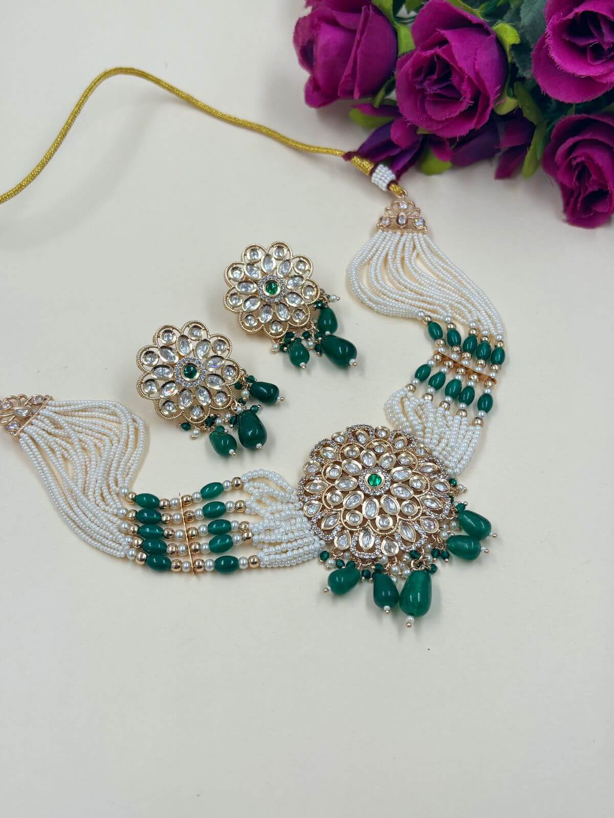 Kanika Designer Polki Green Choker Necklace Set With Pearls