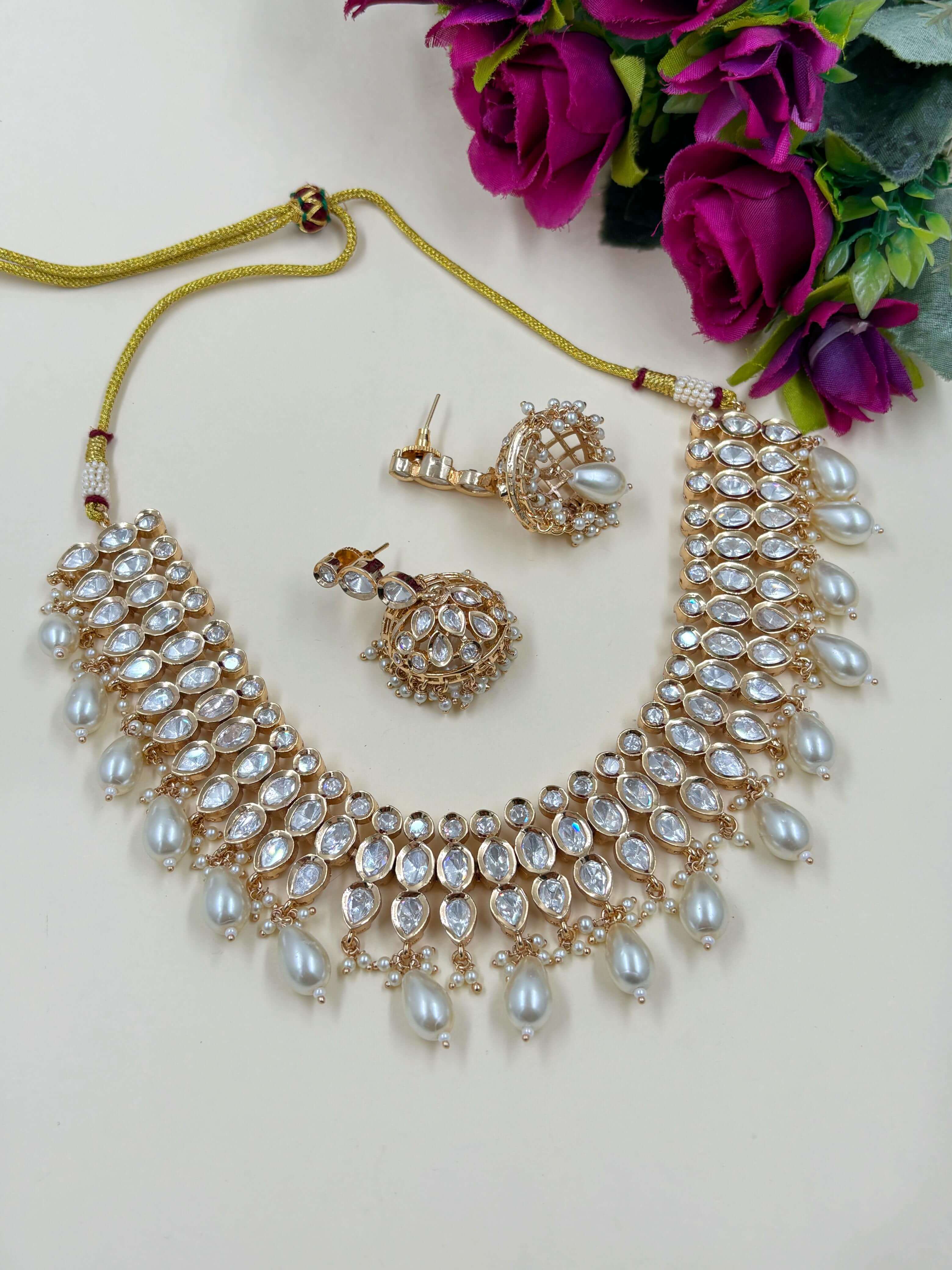 Designer Party Wear Polki Necklace Set with pearls 