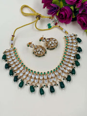 Designer Party Wear Green Polki Necklace Set