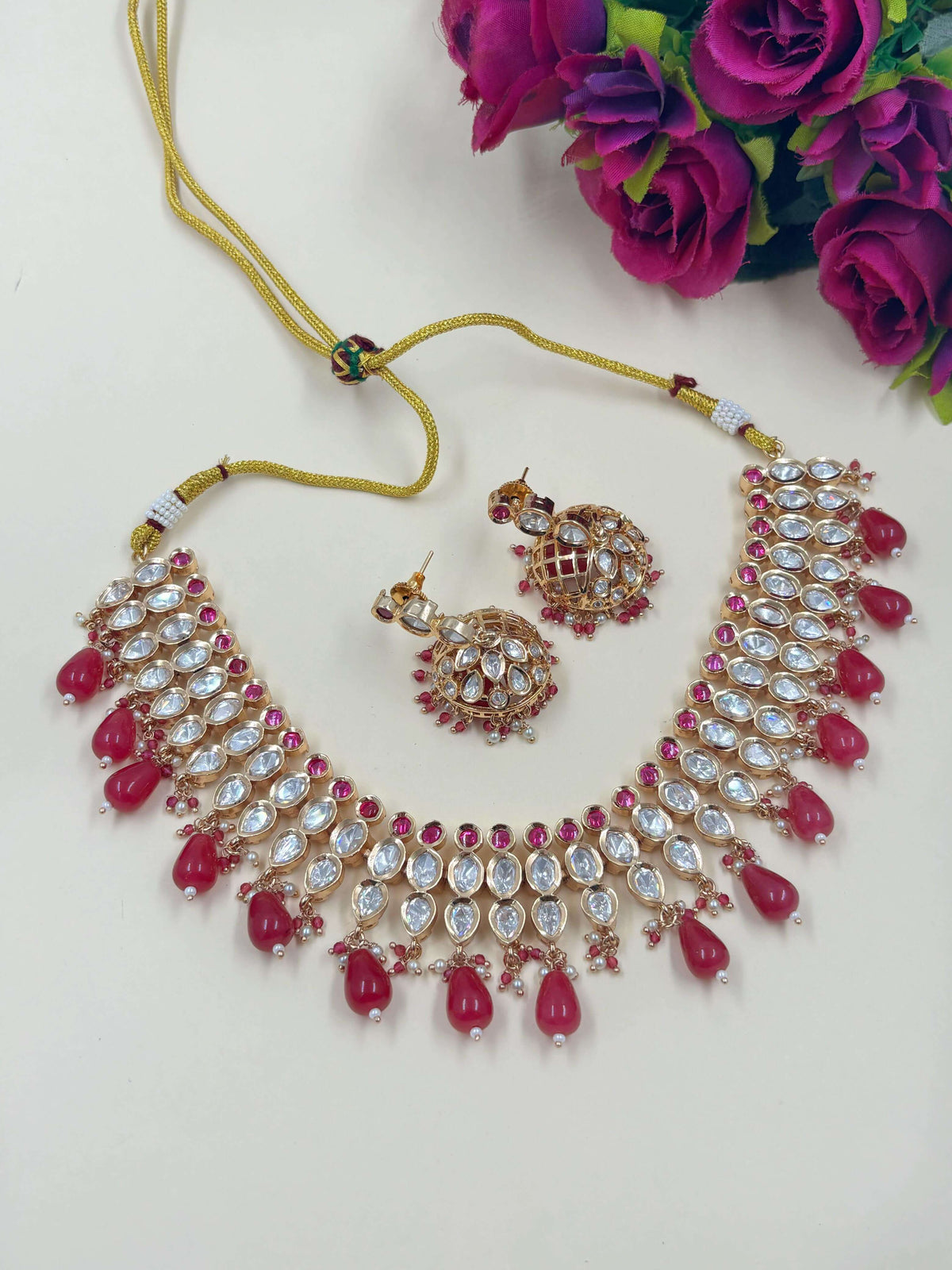 Designer Party Wear Pink Polki Necklace Set