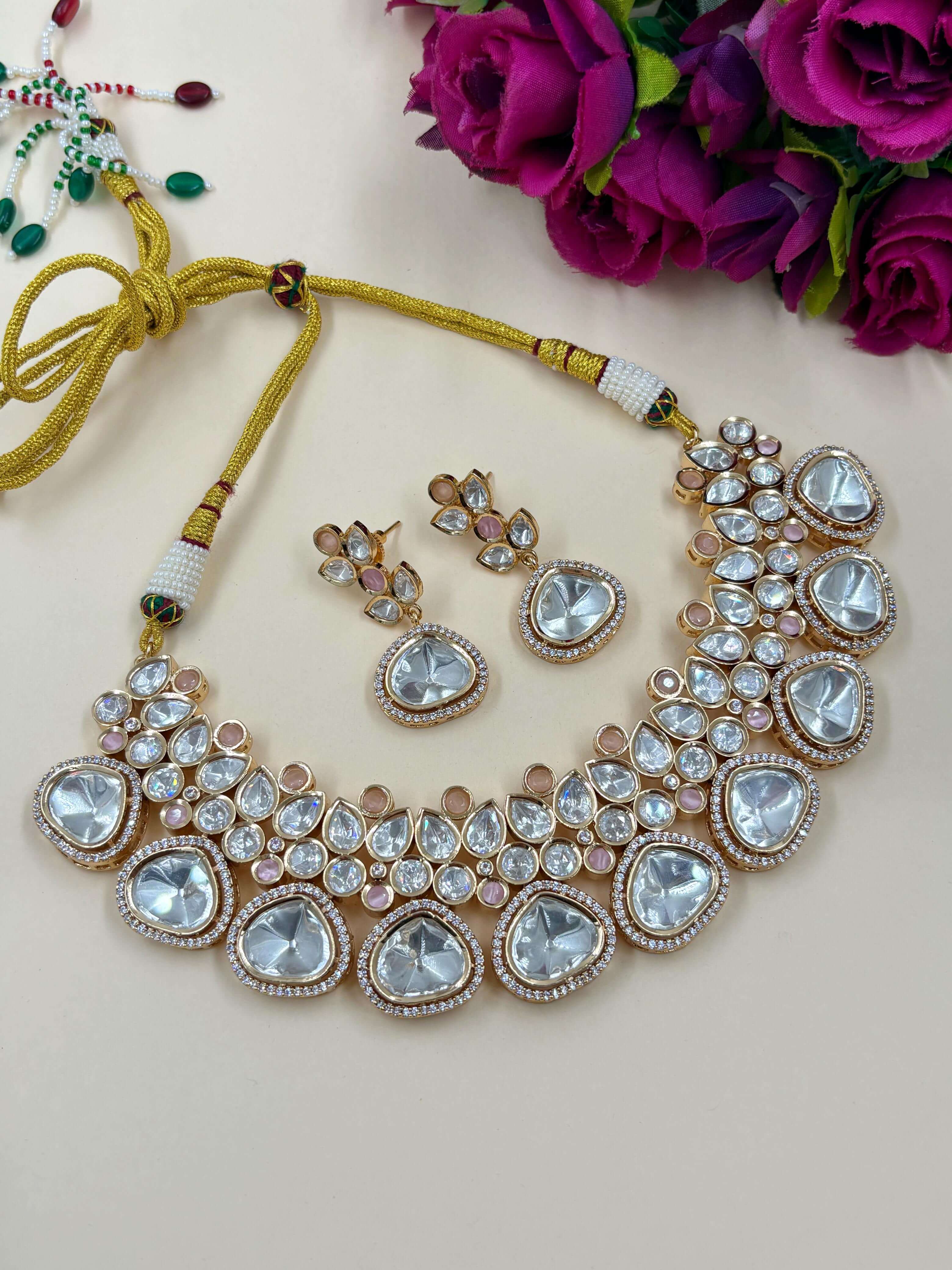Rakshita Exclusive Peach Pink Polki Wedding Jewellery Necklace Set