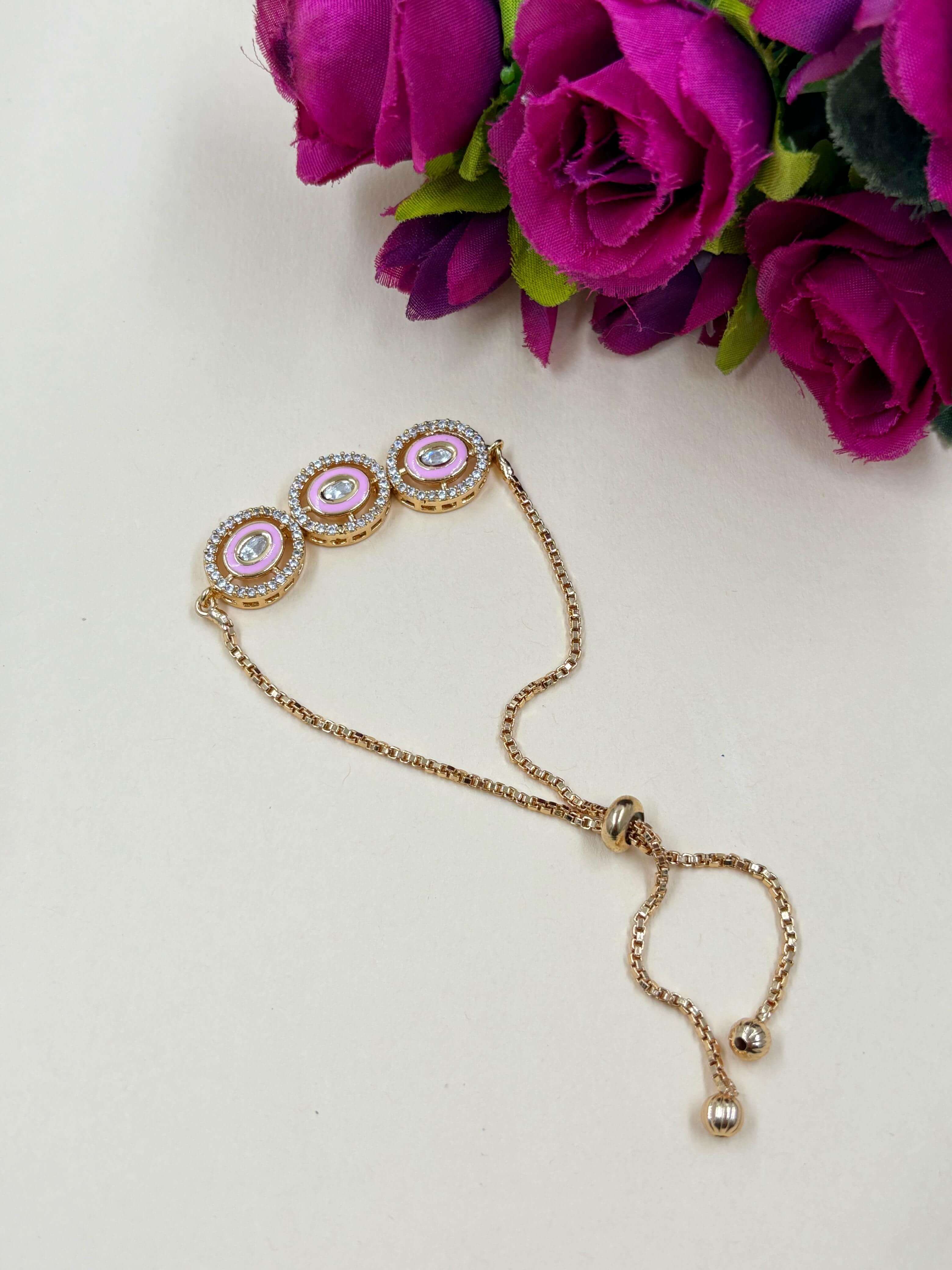 Delicate AD And Polki Kundan Chain Bracelet with pink meenakaari