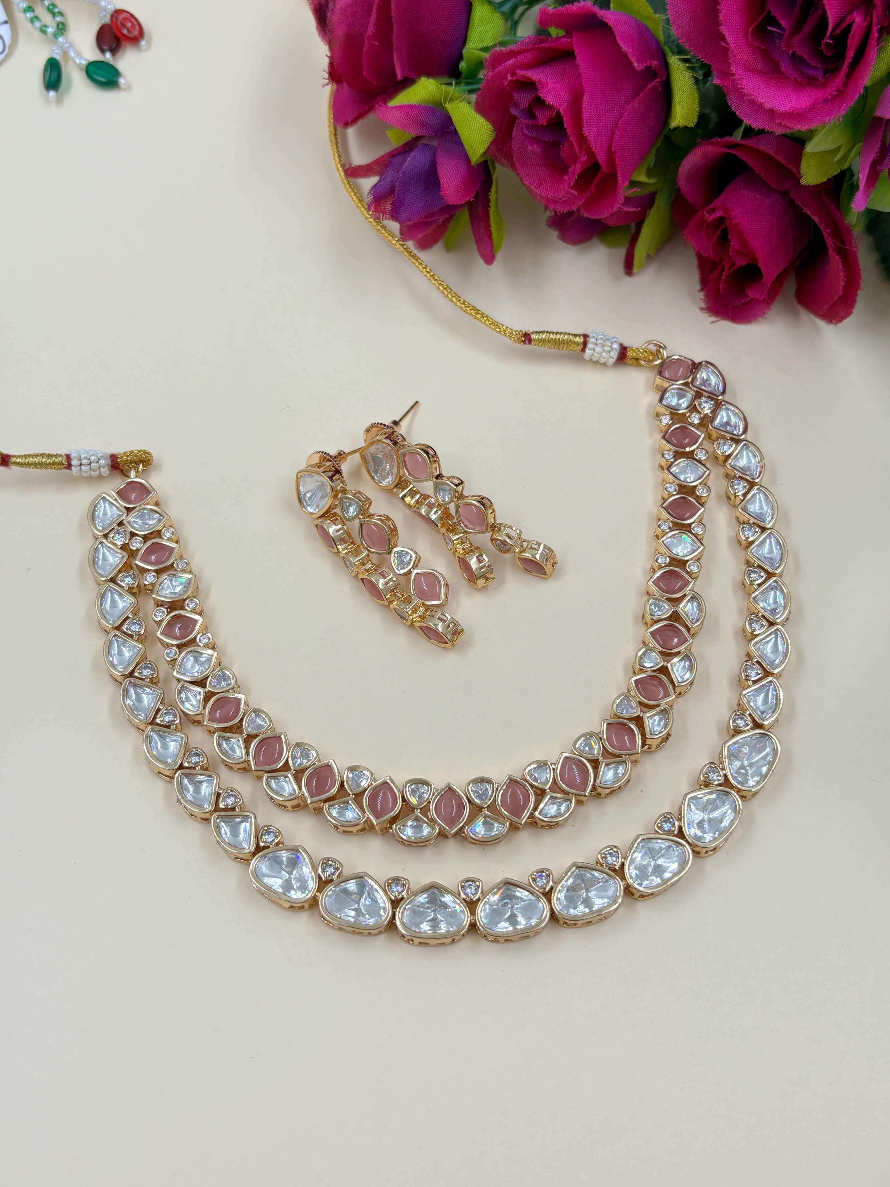 Artificial Maansi Designer Double Layer baby Pink Uncut Polki Necklace Set for women to wear with Indian And Western attire.