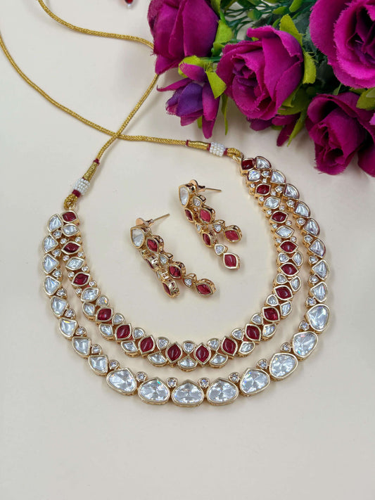 Artificial Maansi Designer Double Layer Red Uncut Polki Necklace Set for women to wear with Indian And Western attire.