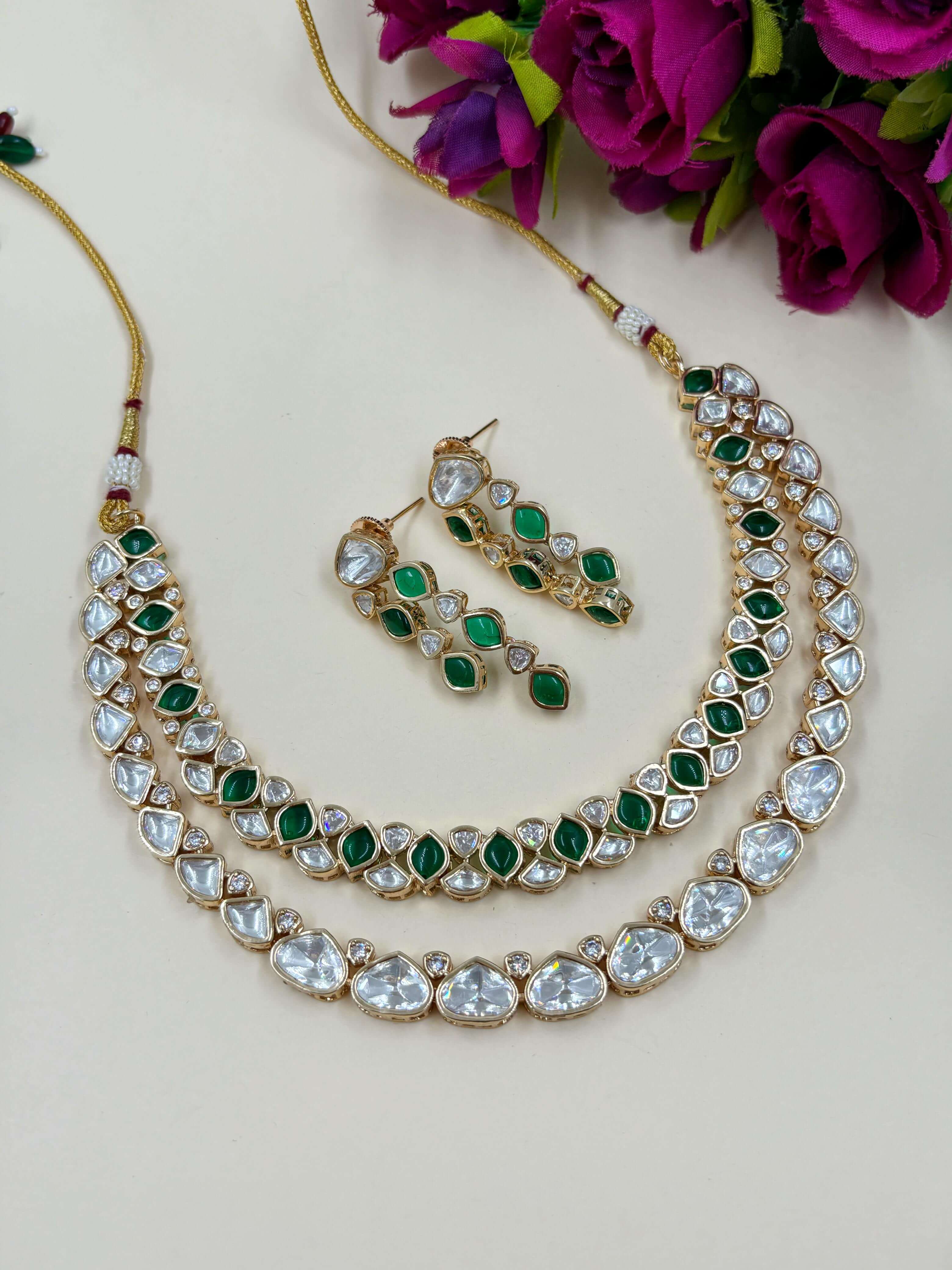 Maansi Designer Double Layer Uncut Polki Necklace Set Green