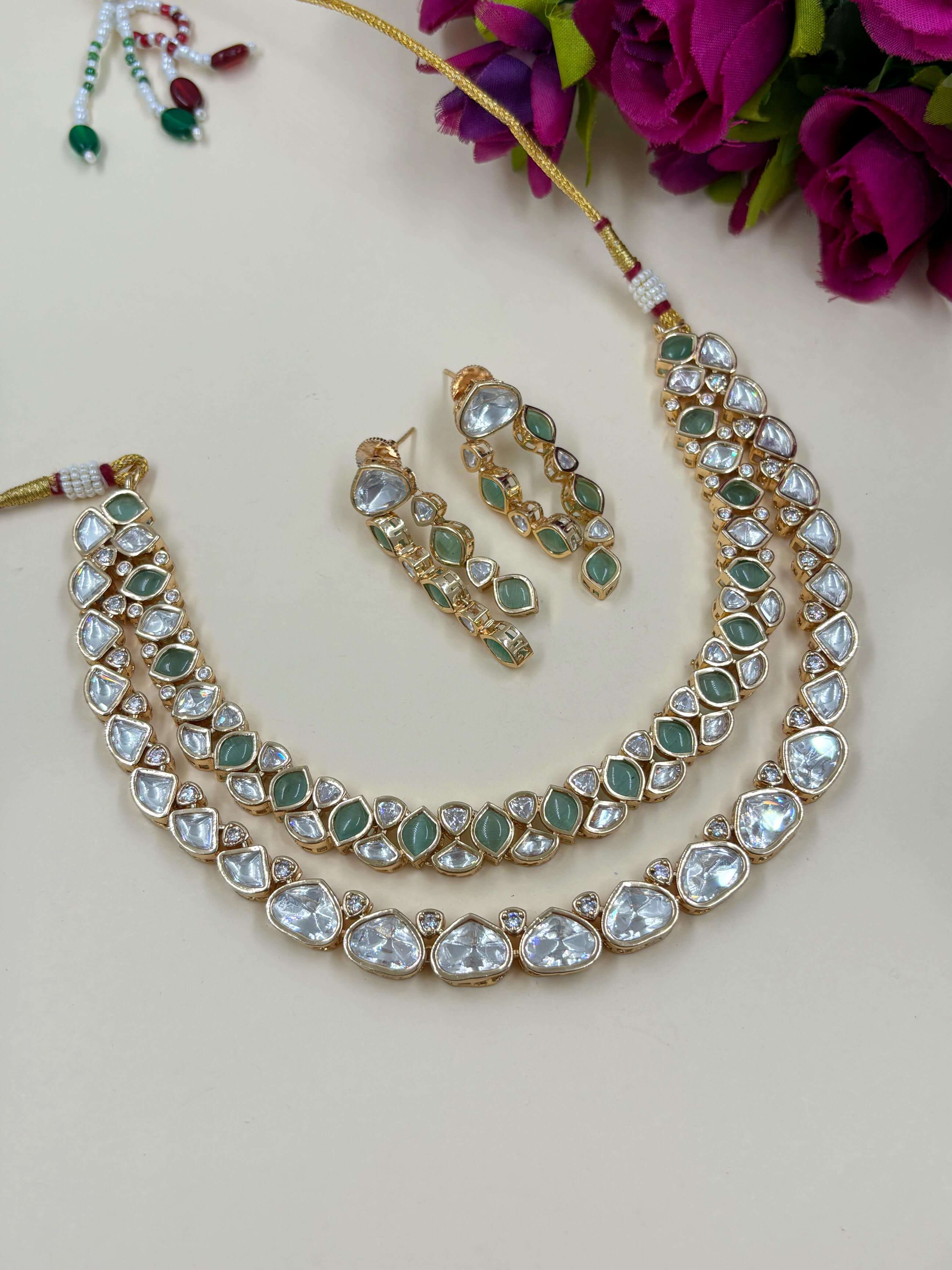 Artificial Maansi Designer Double Layer Mint Green Uncut Polki Necklace Set for women to wear with Indian And Western attire.