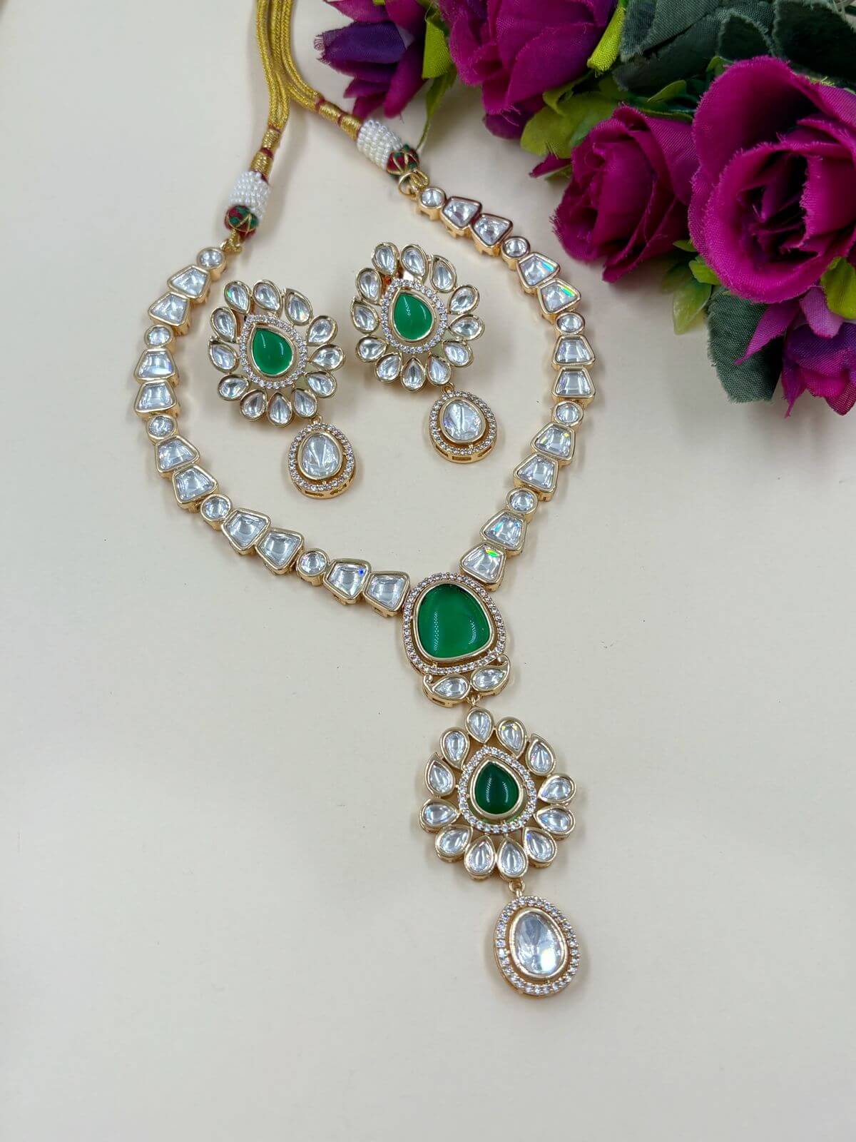  Stylish And Modern Look Green Polki Party Necklace With Flower Drop 