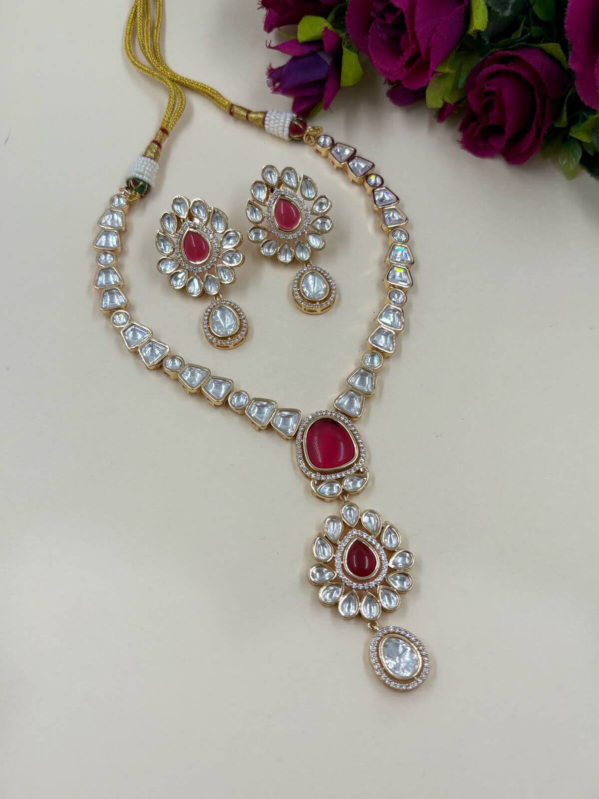 Stylish And Modern Look Red Polki Party Necklace With Flower Drop 