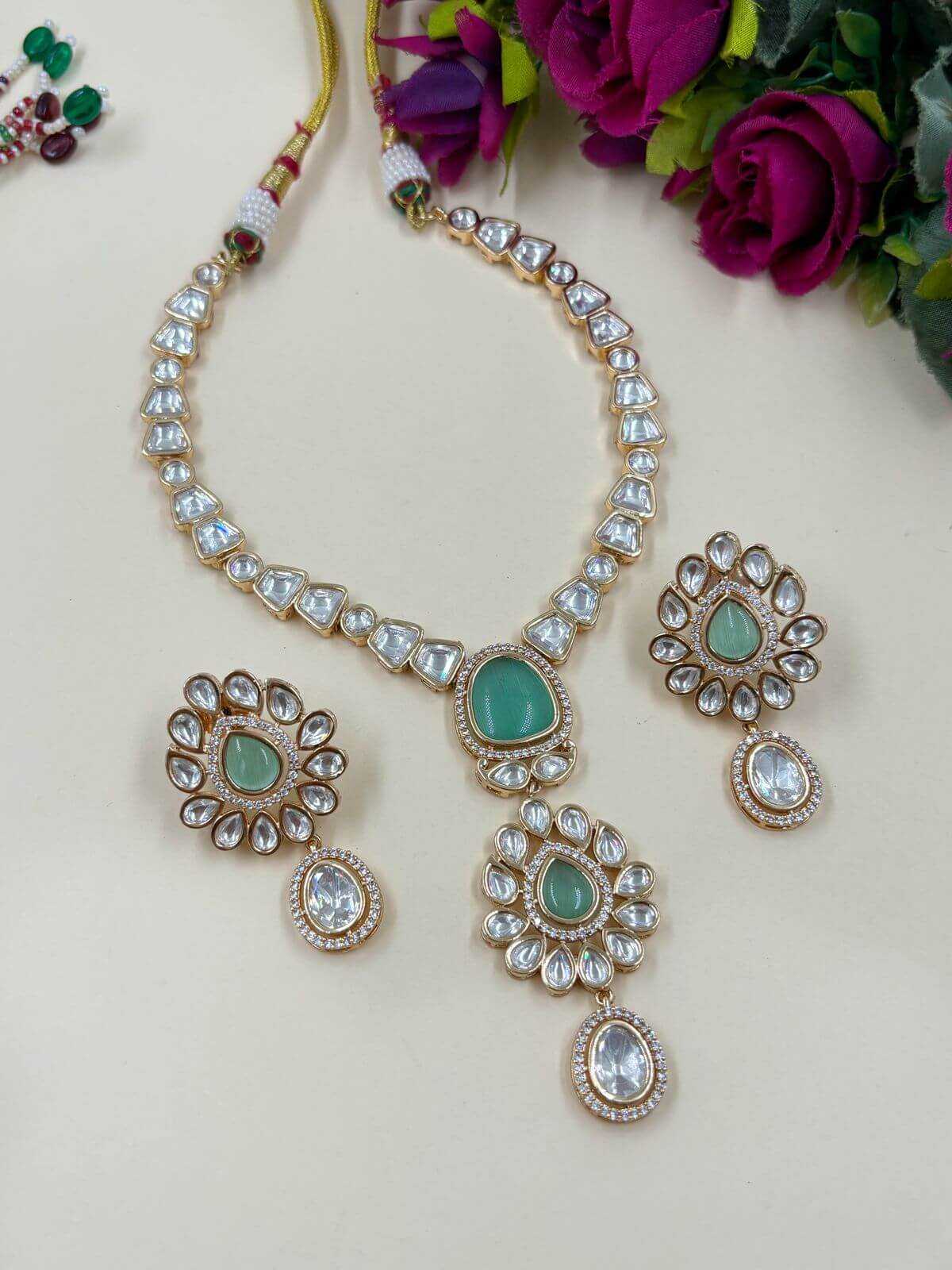  Stylish And Modern Look Mint Green Polki Party Necklace With Flower Drop 