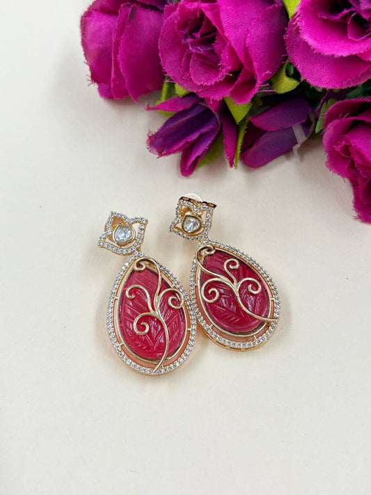 Designer AD And Polki Red Stone Dangler Earrings For Ladies