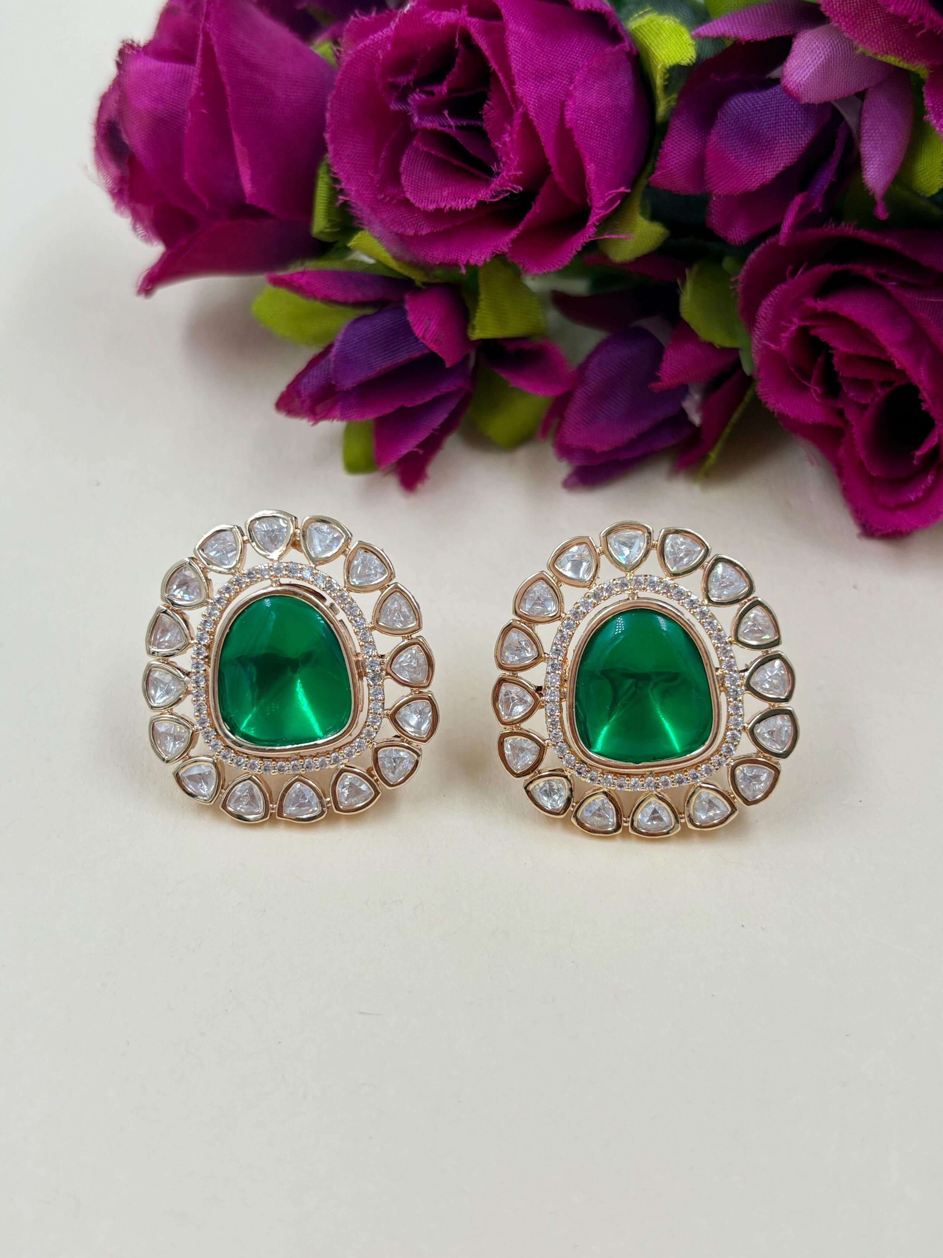 Oversized Ad And Green Polki Stud Earrings | Pary Wear Earrings