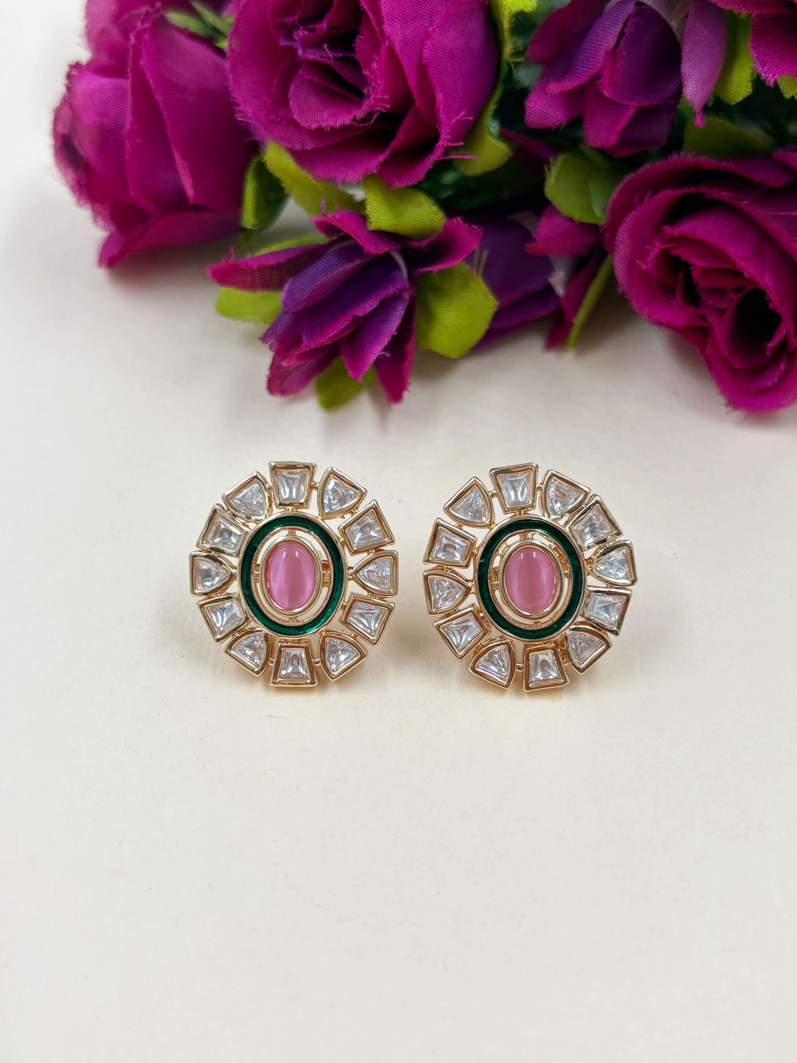 Lightweight Designer Baby Pink Kundan Polki Stud Earrings For Ladies