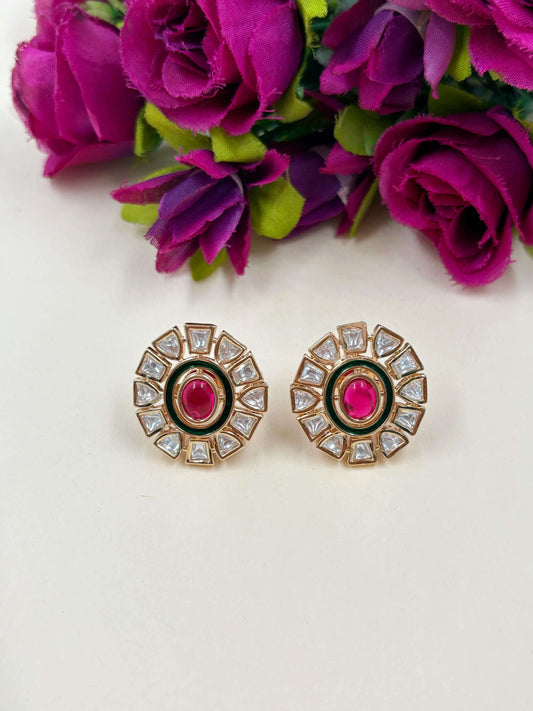 Lightweight Designer Pink  Kundan Polki Stud Earrings For Ladies