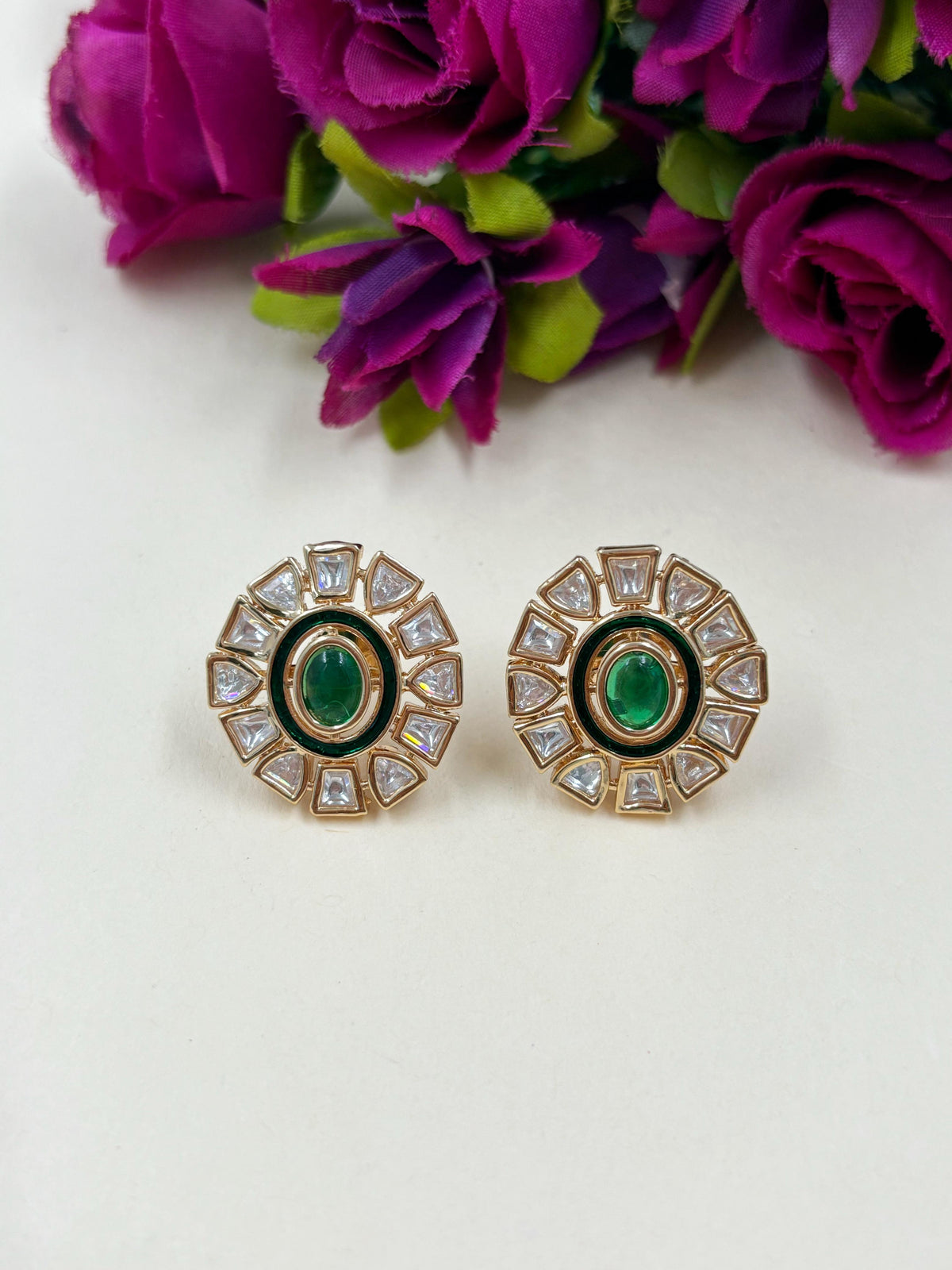 Lightweight DesignerGreen Kundan Polki Stud Earrings For Ladies