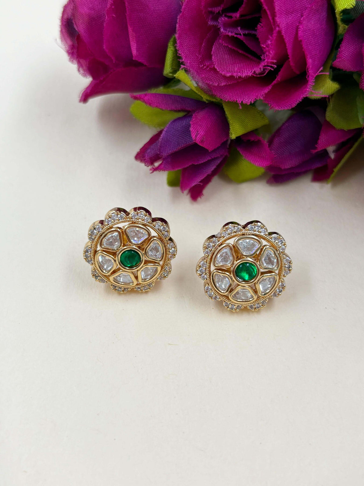 Pratibha Lightweight Flower Design Small Uncut Polki Stud Earrings