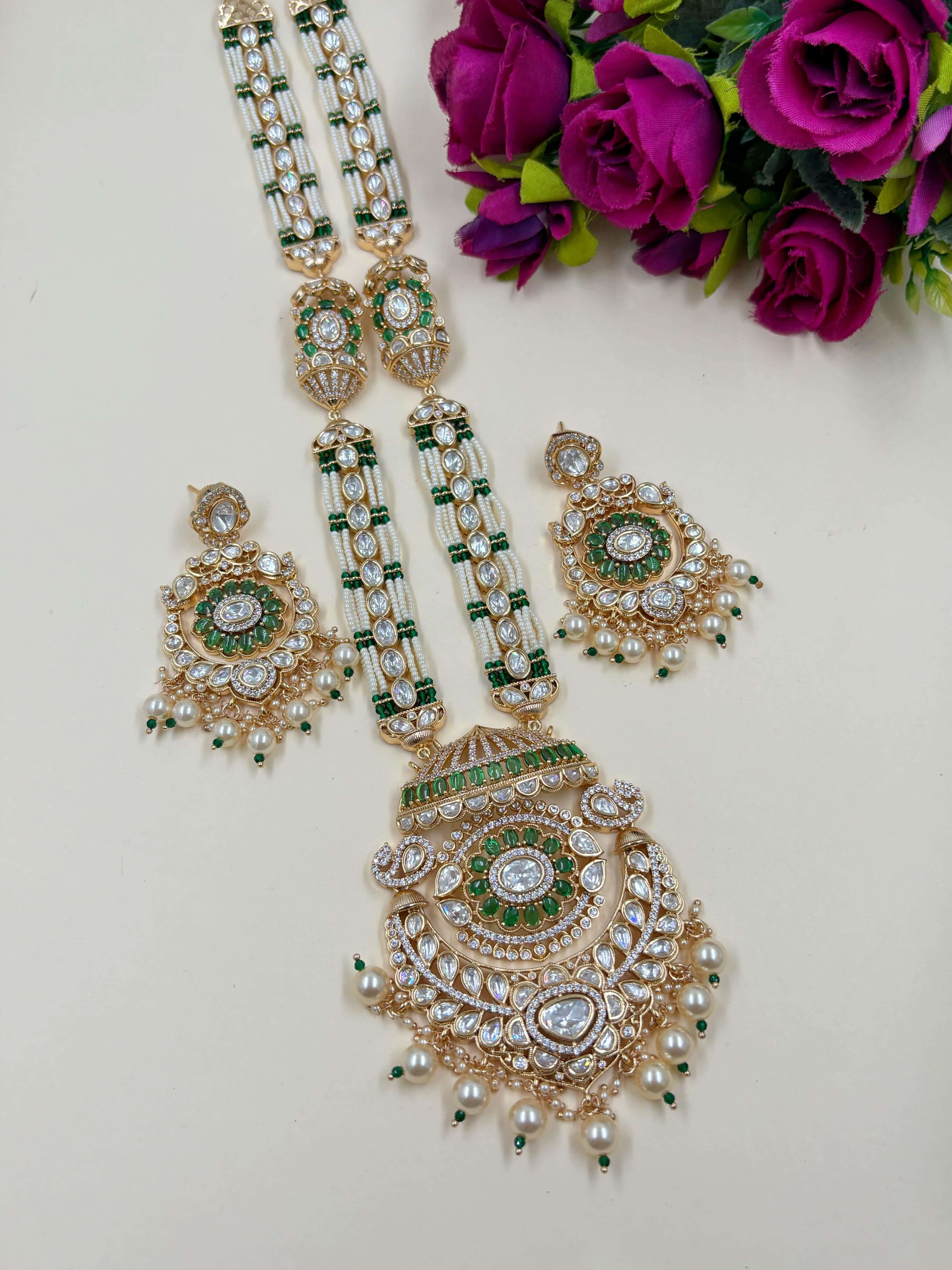 Madhubala Designer Long Green  Wedding Kundan Polki Jewellery Necklace Set