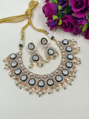  Beautiful AD And Polki Necklace Set With green Meenakari handcrafted for indian weddings and parties 