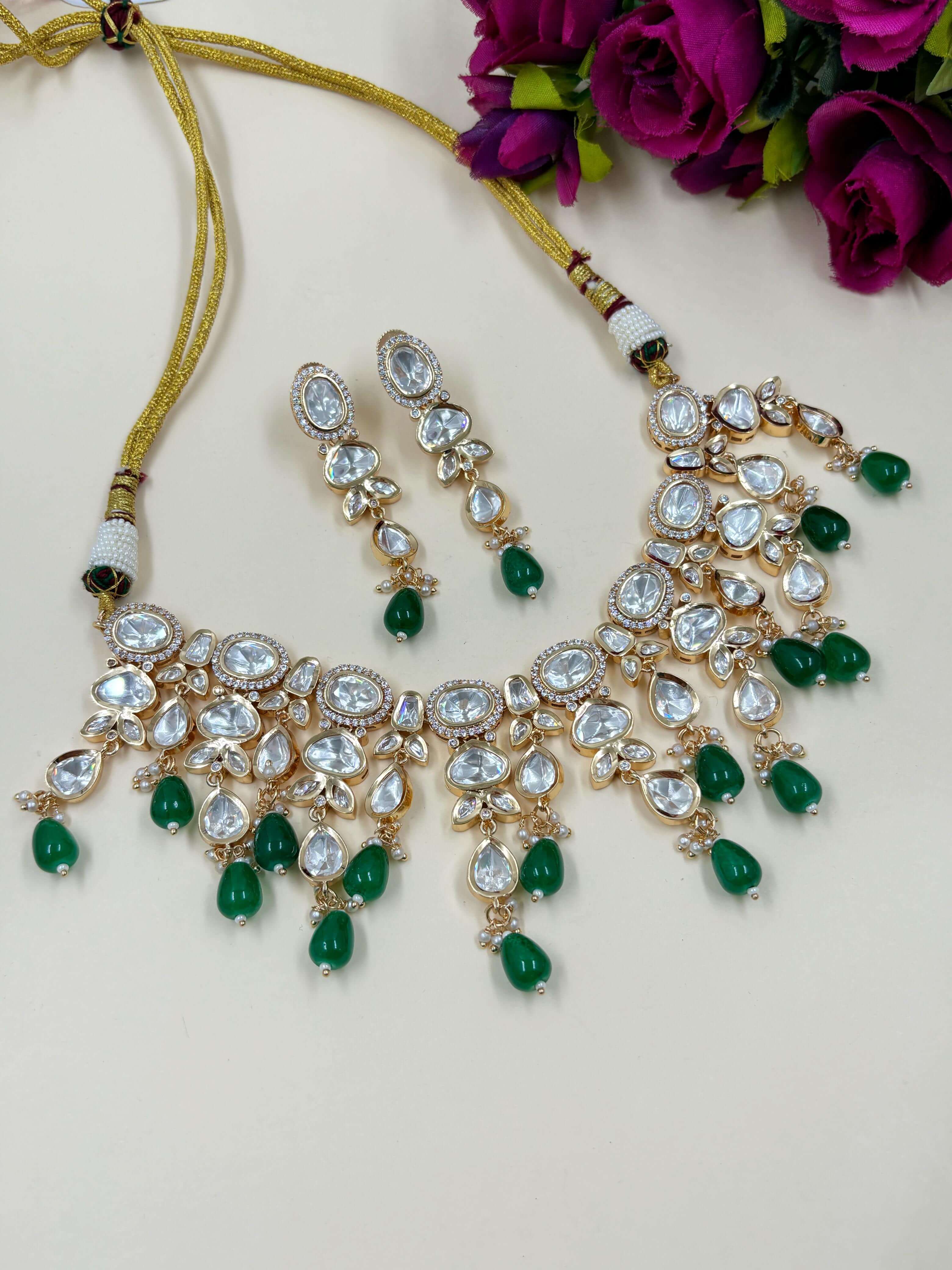 Unique Party Wear Green Polki Necklace With Polki Hangings | Polki Jewellery