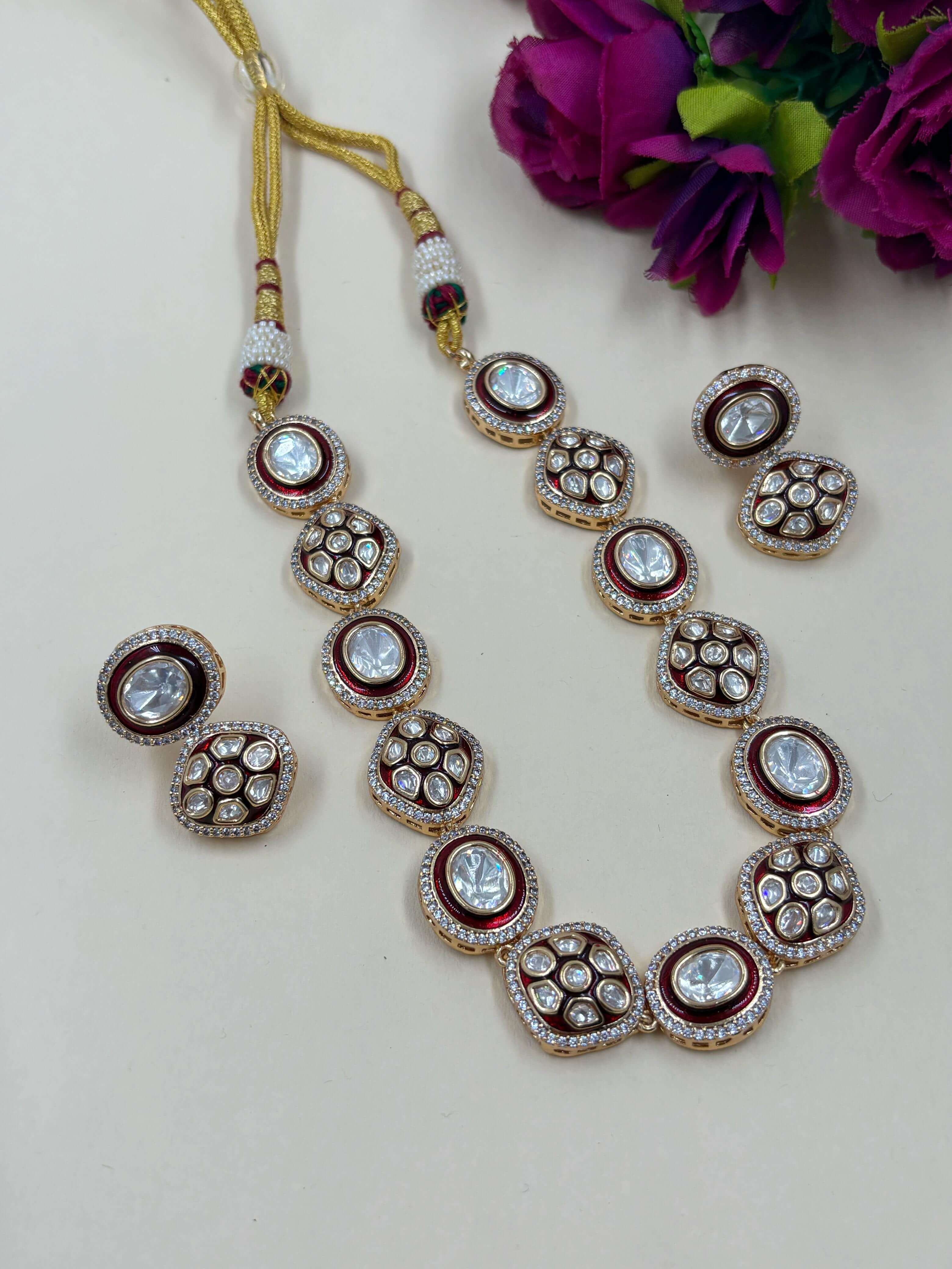 Designer  maroon Uncut Polki Necklace Set for weddings and parties